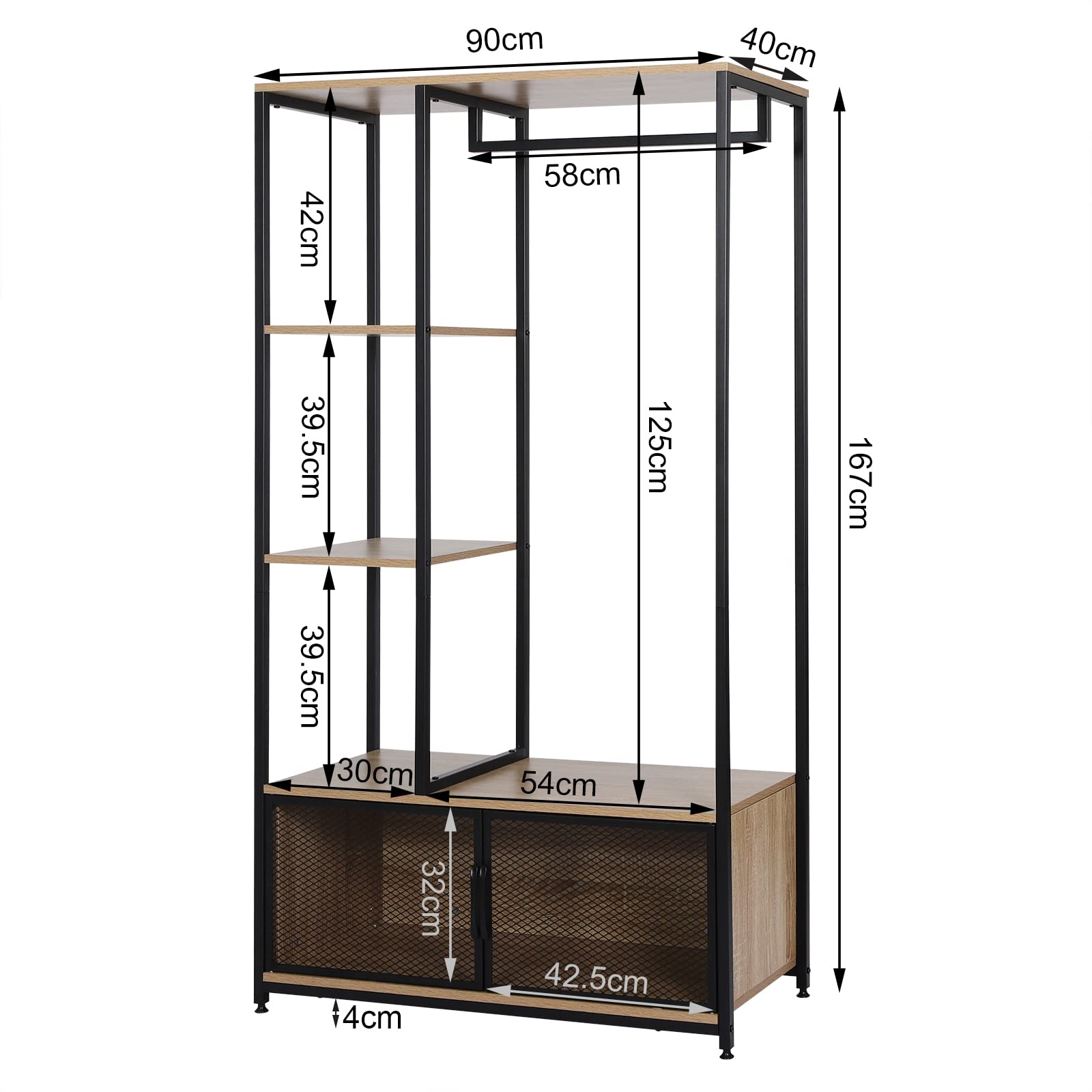 WOLTU Wooden and Metal Standing Coat Rack with Side Shelves and Storage Cabinet - Light Oak Finish | Perfect for Bedroom, Closet, Entryway, and Office Organization