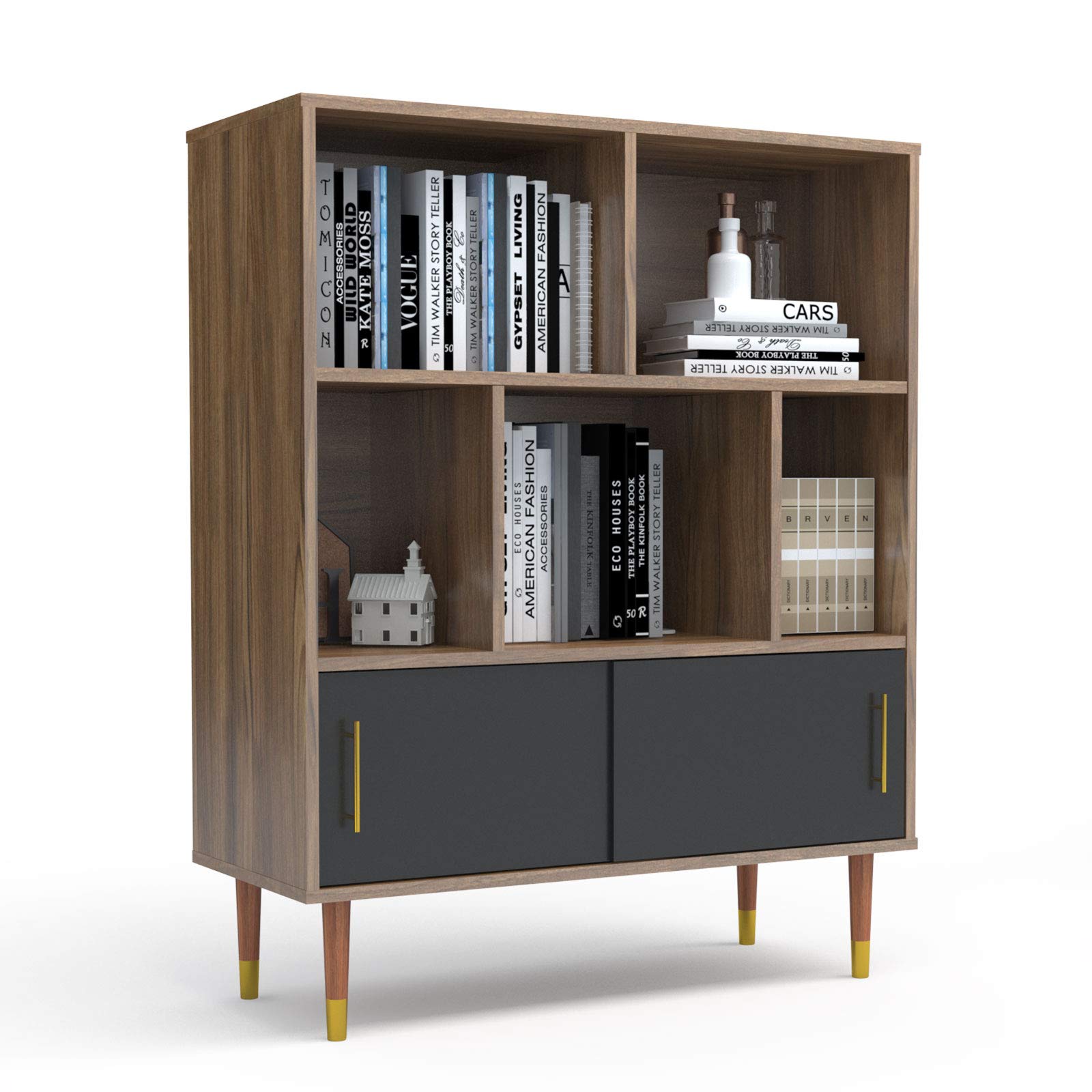 Mecor Retro 3-Tier Bookcase with Sliding Door Cabinet & Open Shelves - Bookshelf Storage for Books, Photos, Decor - Walnut/Black - Perfect for Living Room, Office & Library Organization