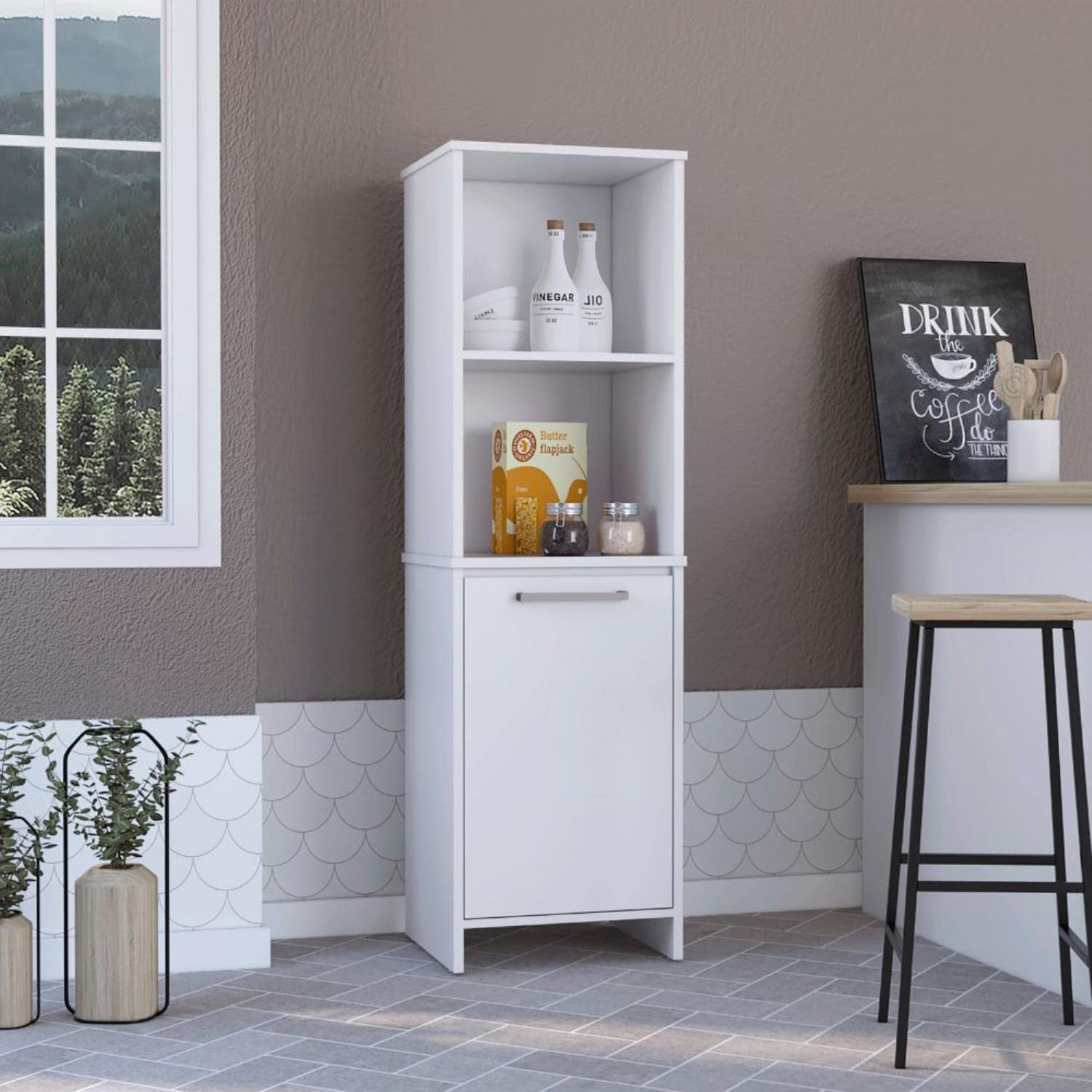 Modern Leticia Nightstand with Open Shelf & 2 Legs - Light Oak/White Finish - Perfect for Bedroom, Living Room or Office Storage