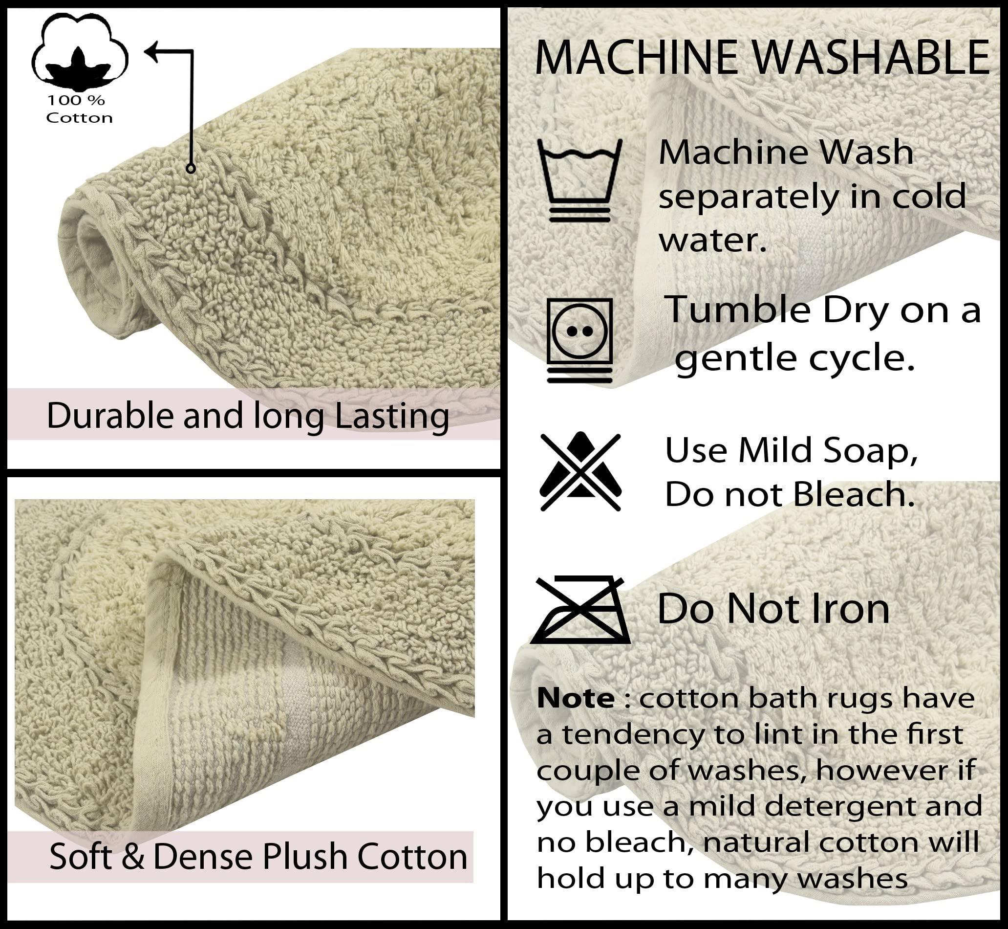 Premium 100% Cotton Double Ruffle Bathroom Rug Set - Ultra Soft & Absorbent Non-Slip Bath Mat, Washable Kitchen Floor Mat (17
