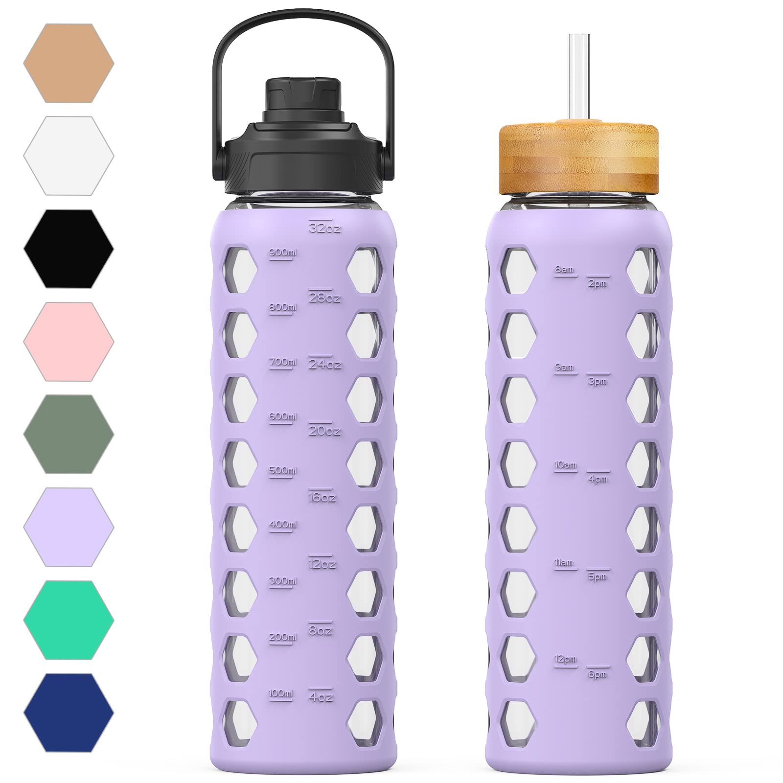 MUKOKO 32oz Glass Water Bottle with 2 Lids - Leakproof Handle Spout & Bamboo Straw Lid, Motivational Time Marker Tumbler with Silicone Sleeve (1 Pack, Purple) - Perfect for Gym, Hiking, Office & Travel Hydration