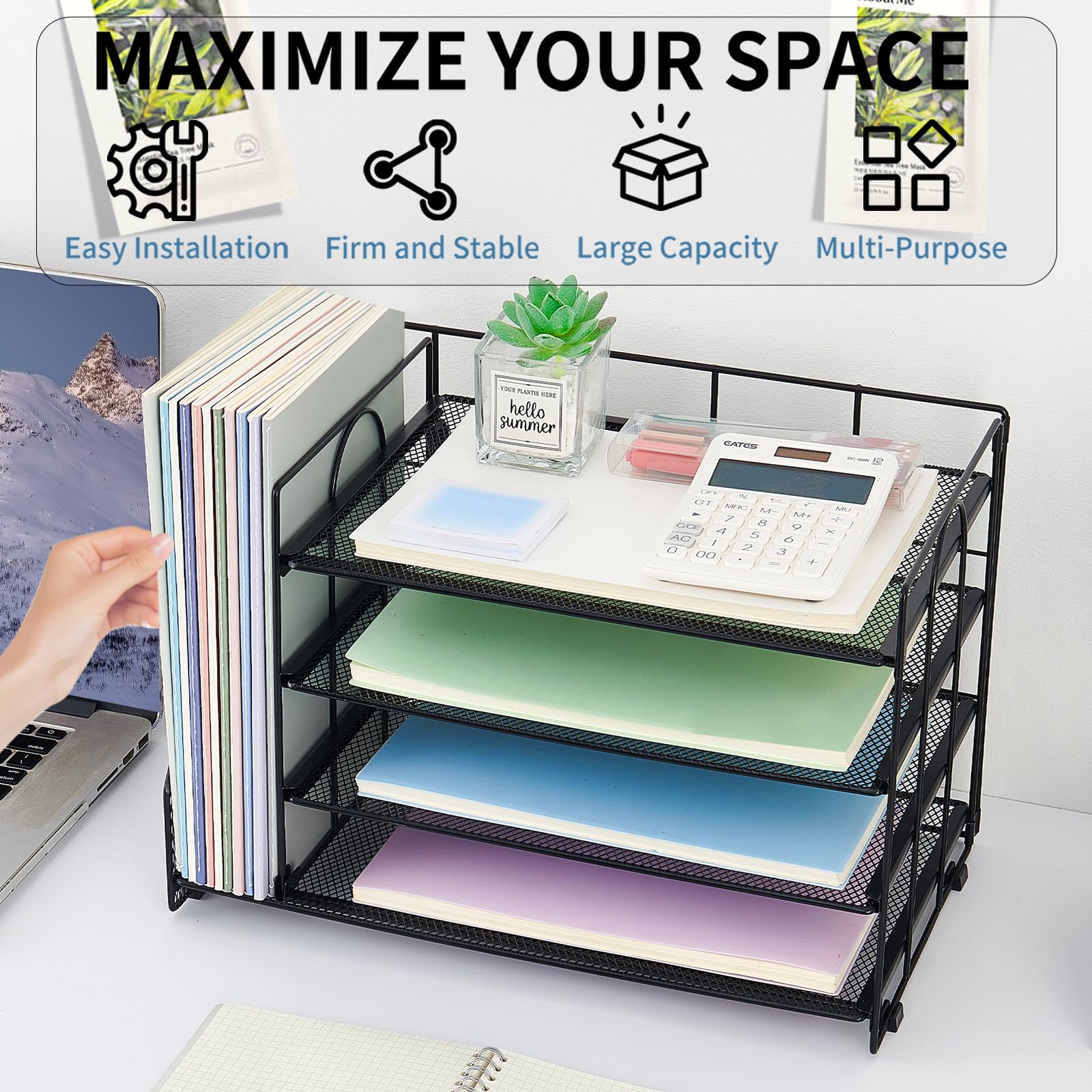 OPNCIE 4-Tier Paper Letter Tray File Organizer - Black Desk Organizer for Office, Classroom & Workspace | Perfect for Document Storage, Mail Sorting & Office Supplies Organization