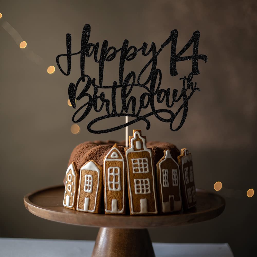 Black Glitter Happy 14th Birthday Cake Topper - Cheers 14th Anniversary Party Decorations for Teens | Perfect for Birthday Cakes, Cupcakes & Celebration Parties
