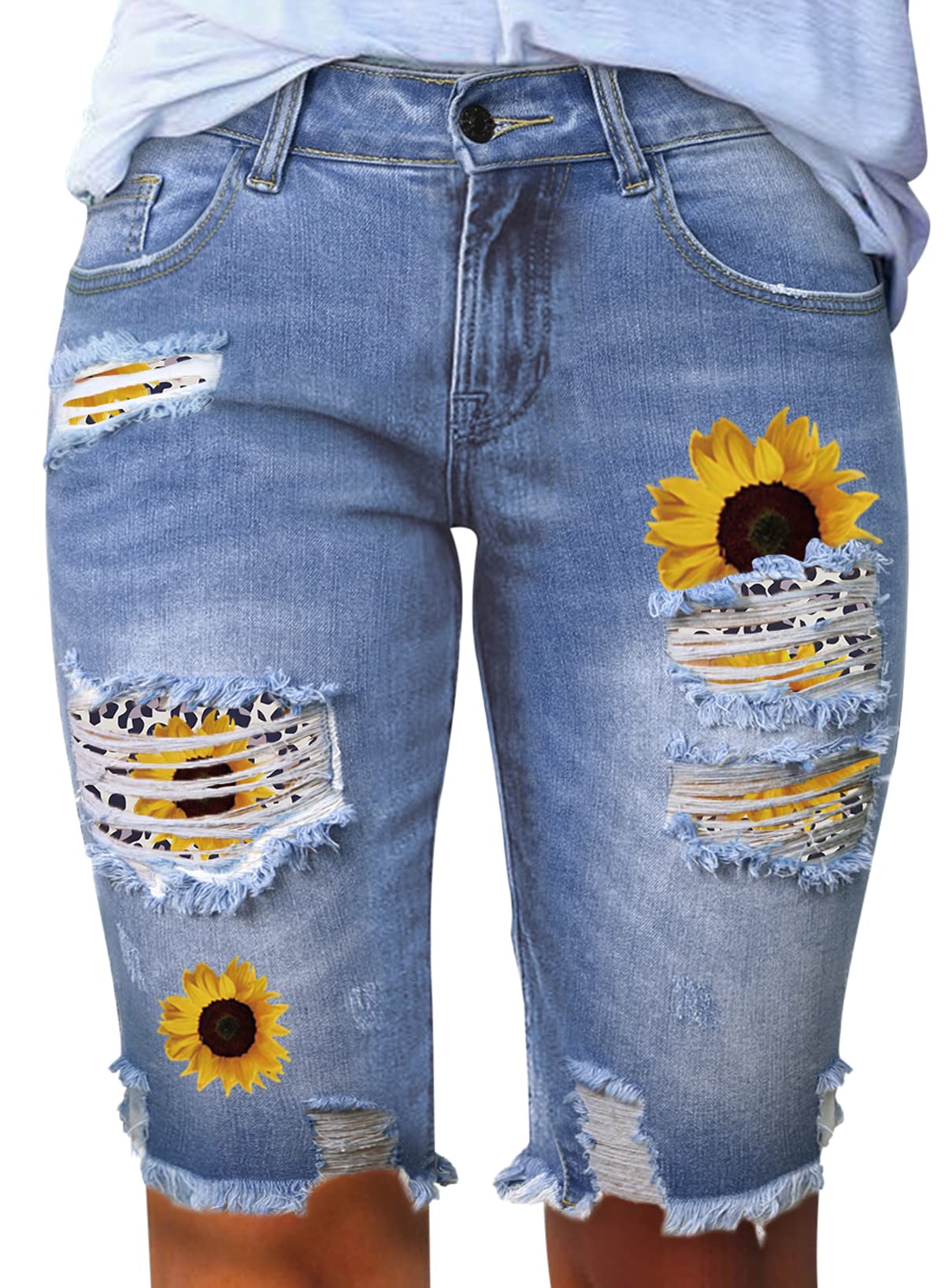 Sidefeel Women's Distressed Denim Bermuda Shorts with Raw Hem - Casual Summer Shorts for Beach, Travel & Everyday Wear