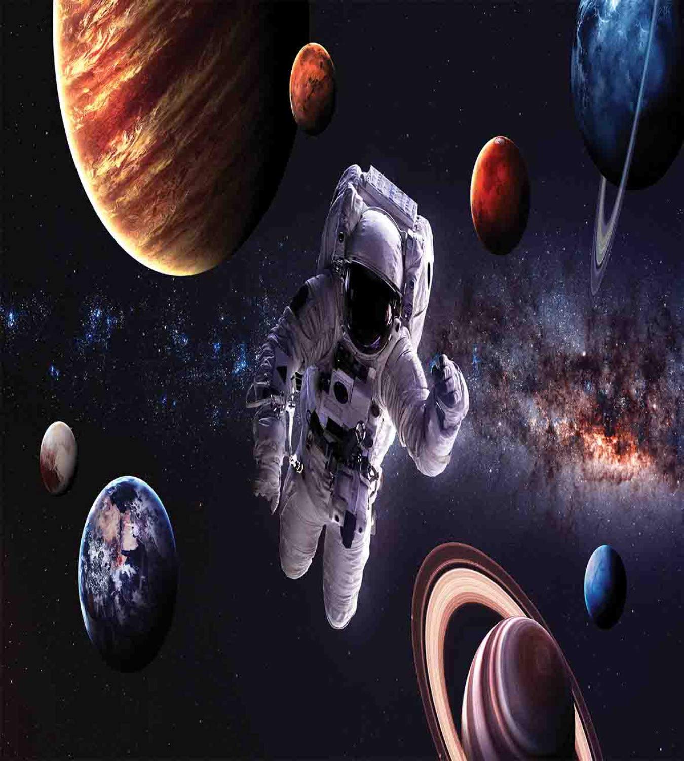 Ambesonne Outer Space Duvet Cover Set - Astronaut & Planets Design (Mars, Neptune, Jupiter) - 3 Piece Bedding Set with 2 Pillow Shams - California King Size - Dark Blue - Perfect for Sci-Fi Themed Bedrooms & Space Enthusiasts