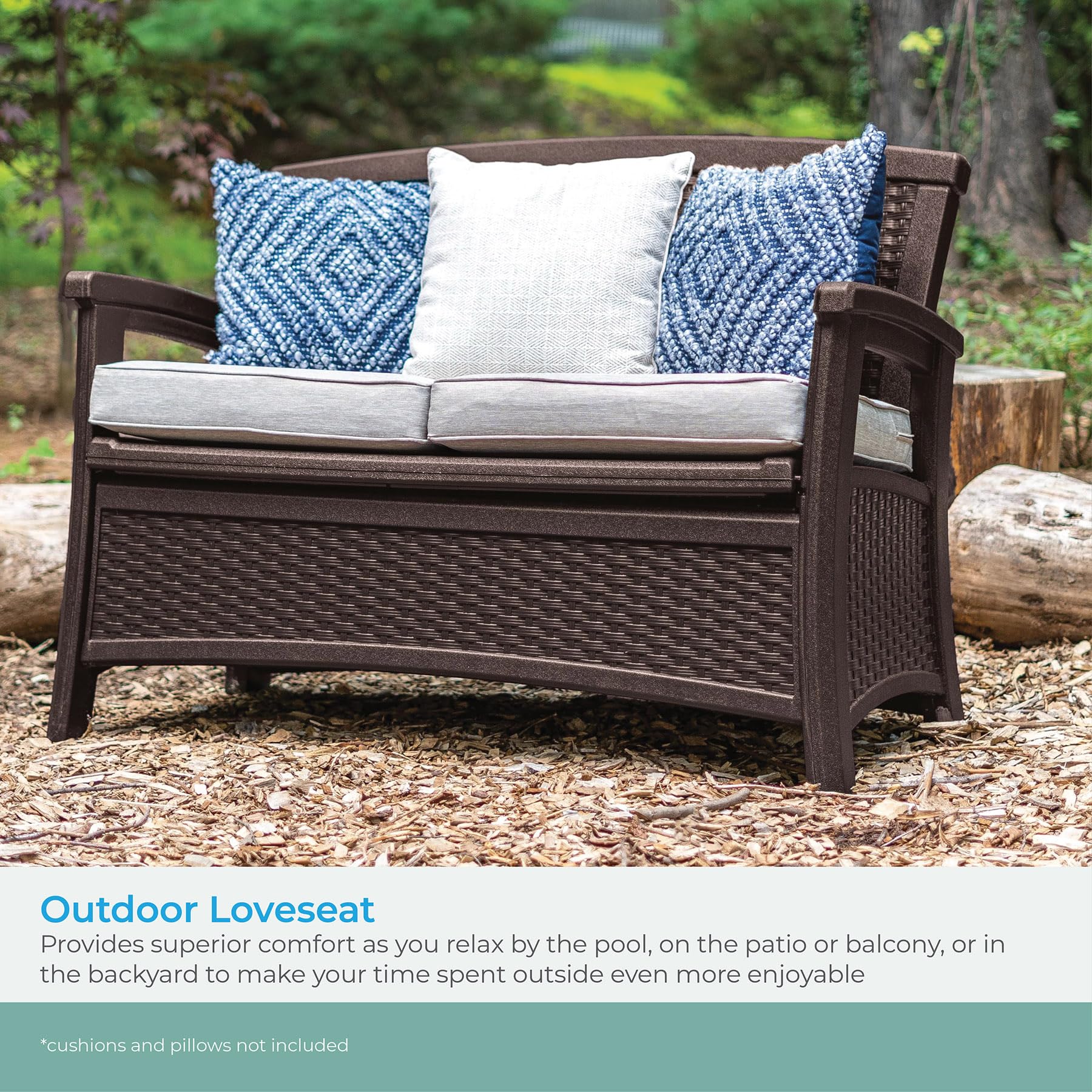 Suncast 23-Gallon Storage Wicker Love Seat - All-Weather Outdoor Furniture with Ergonomic Back Support for Patio, Deck & Garden - Perfect for Couples Relaxing in Backyard or Poolside