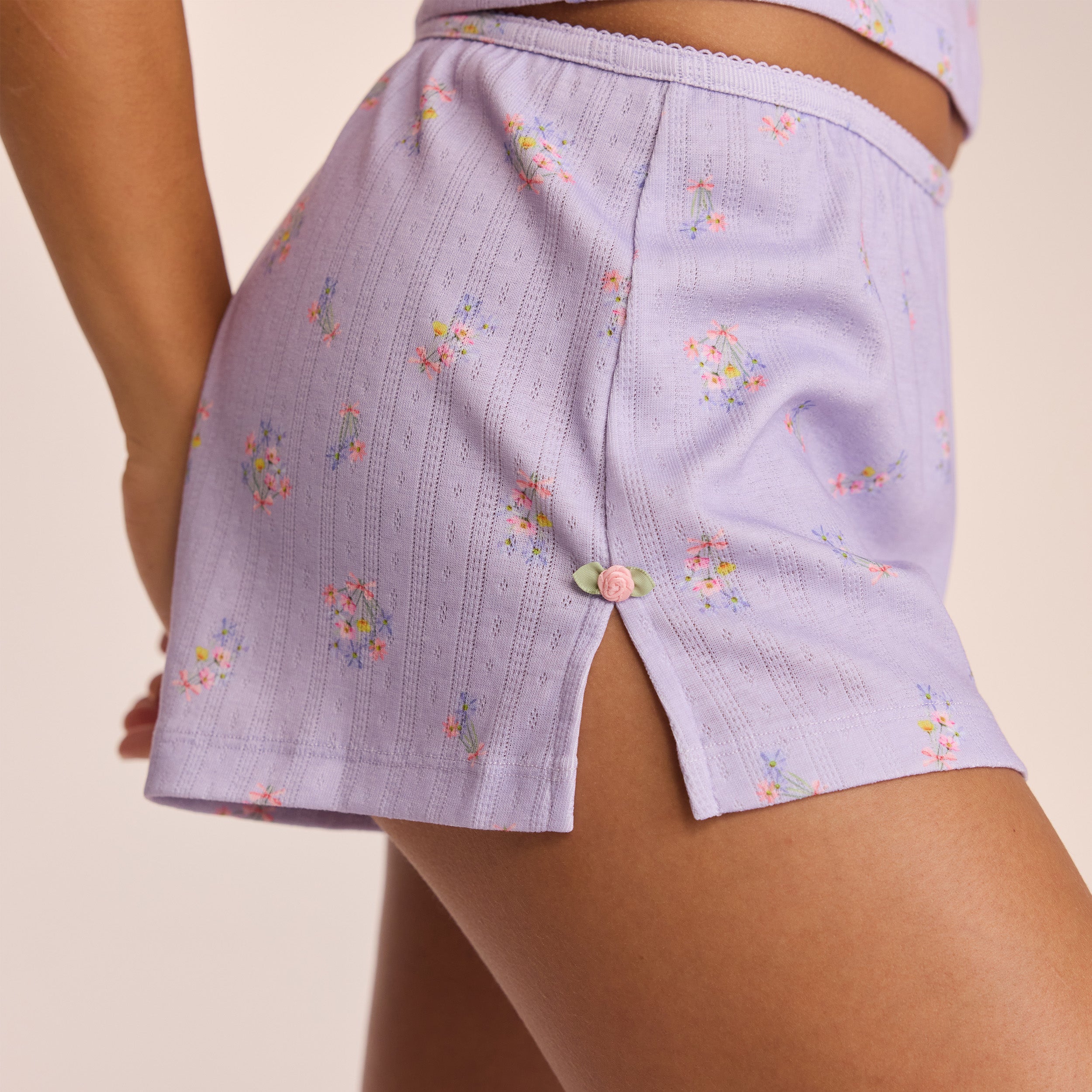 Lilac Floral Pointelle Pajama Shorts for Women - Soft & Breathable Sleepwear for Summer Nights, Lounge Wear, and Relaxing at Home