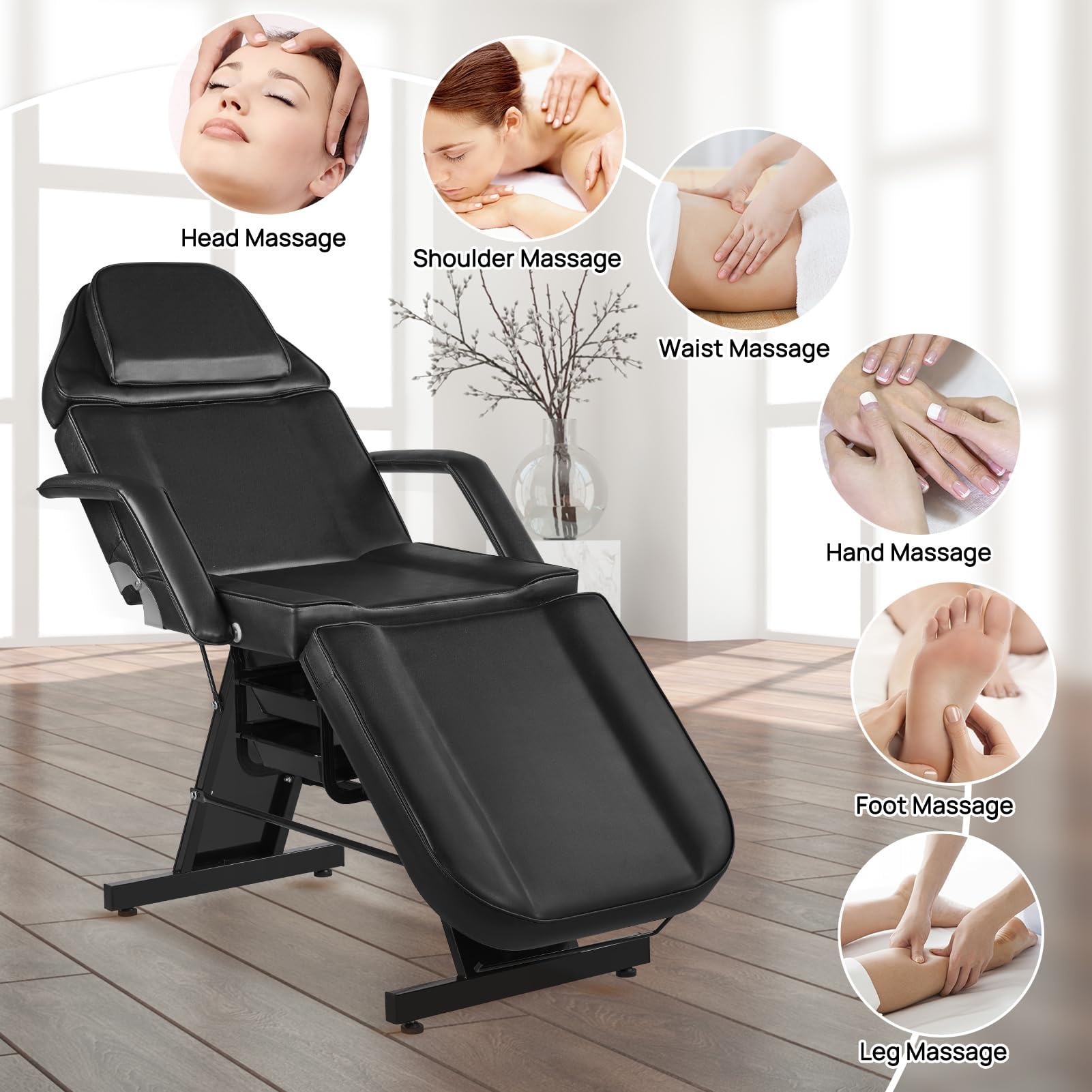 Professional Facial Tattoo Chair - Adjustable Beauty Salon Chair with Removable Headrest & Stool for Eyebrow Microblading, Lash Extensions & Spa Treatments - Black