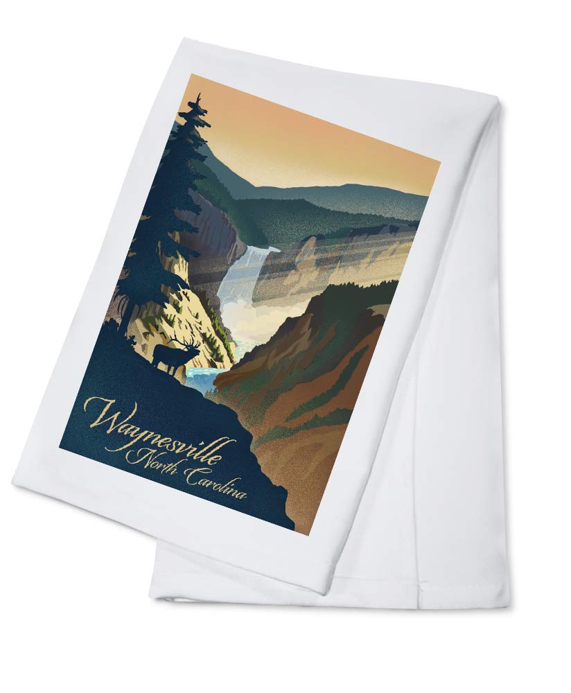 Waynesville North Carolina Elk and Falls Print 100% Cotton Tea Towel - Decorative Kitchen Hand Towel for Home, Farmhouse & Cabin Decor - Perfect for Drying Dishes, Gift Giving & Rustic Decor