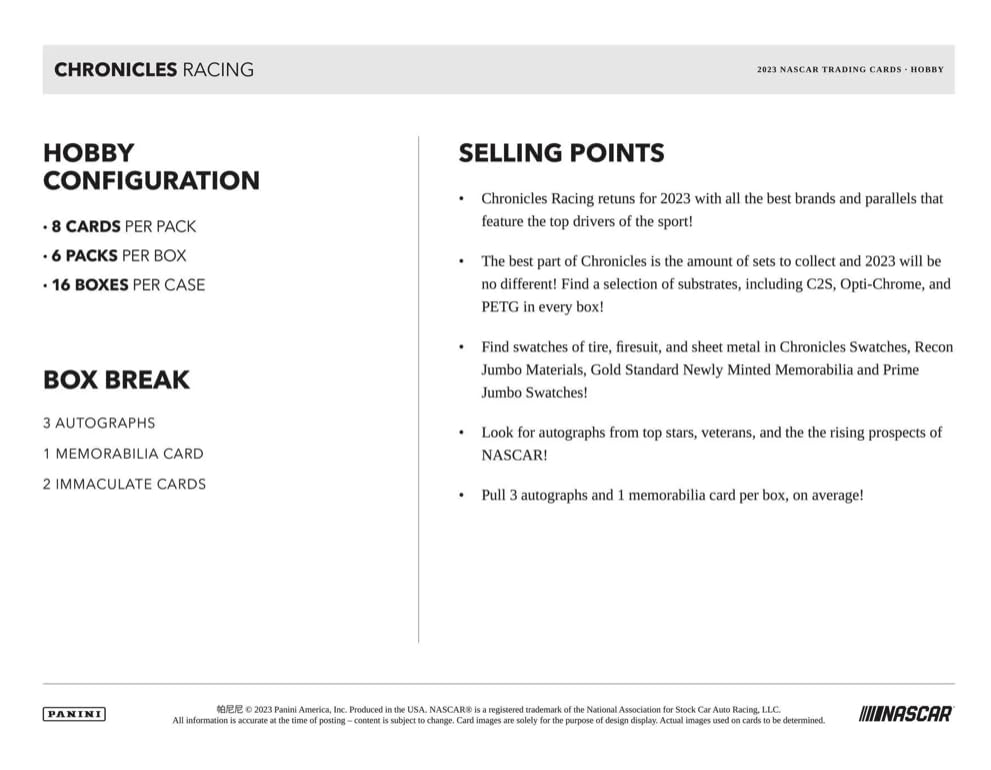 2023 Panini Chronicles Racing Hobby Box - 6 Packs per Box, 8 Trading Cards per Pack - Collectible Sports Cards for Racing Fans & Card Collectors