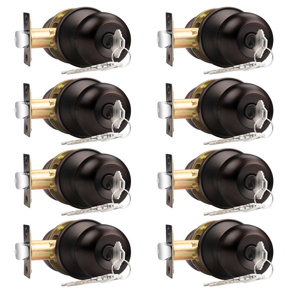 Probrico Classic Entry Door Knobs with Lock and Key - Oil Rubbed Bronze Finish Round Ball Lockset (8 Pack) - Interior/Exterior Door Hardware - Keyed Alike for Convenience - Perfect for Homes, Offices, and Commercial Buildings