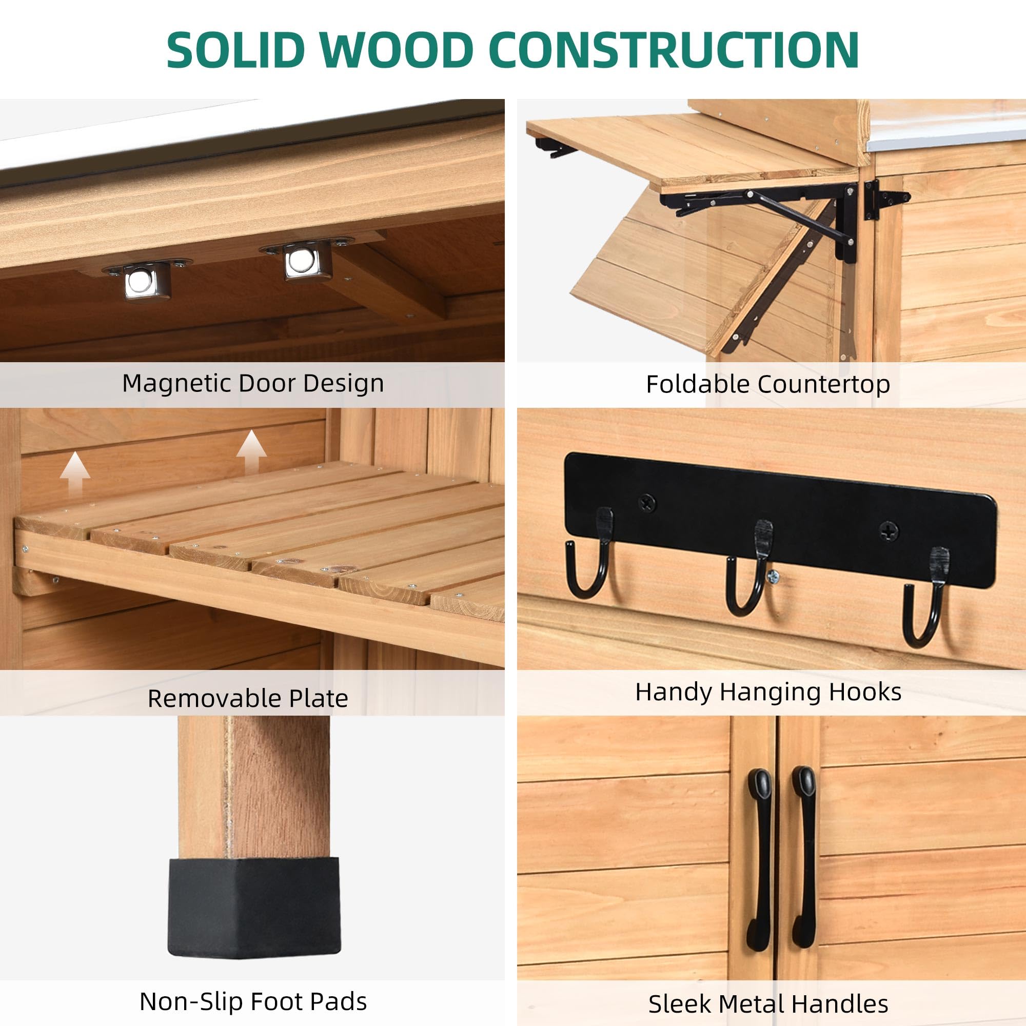 YITAHOME Solid Wood Potting Bench with Folding Shelf & Metal Tabletop - Outdoor Garden Workstation with Storage Cabinet for Planting, Gardening, Backyard Use - Perfect for Organizing Tools, Repotting Plants, and Outdoor Projects