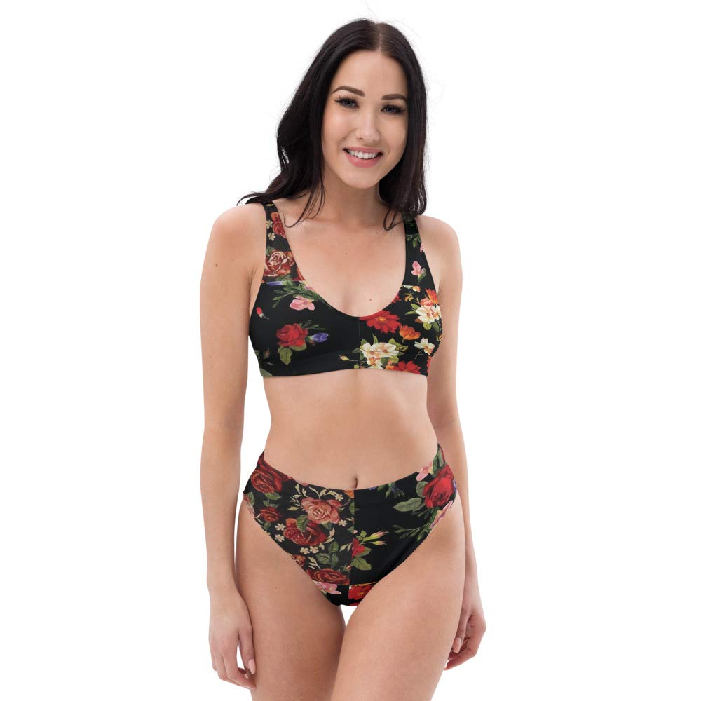 Eco-Friendly High Waisted Bikini Set for Women - Recycled Fabric Swimwear Tops & Bottoms in Coal Black with Botanic Floral Print | Perfect for Beach Vacations, Pool Parties & Summer Getaways