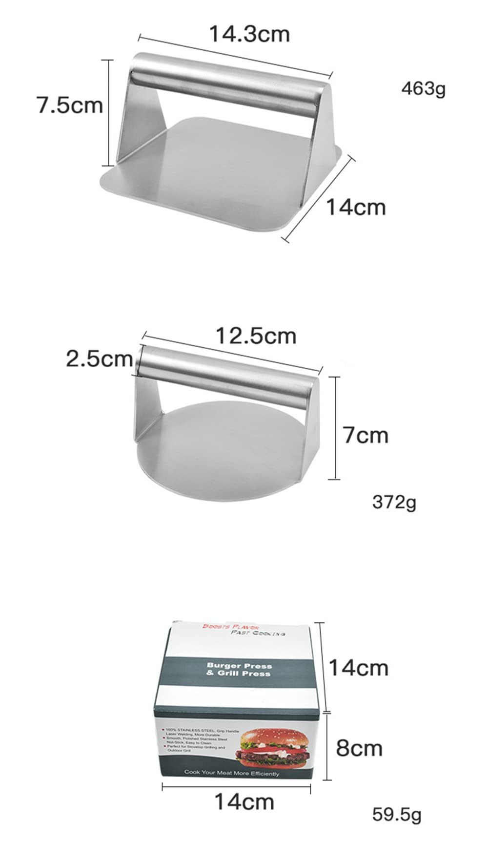Premium 304 Stainless Steel Meat Press - Round & Square Hamburger Patty Maker with Wooden Handle for Steak, Burgers & Meatballs | Heavy Duty Kitchen Tool for BBQ, Grilling & Home Cooking