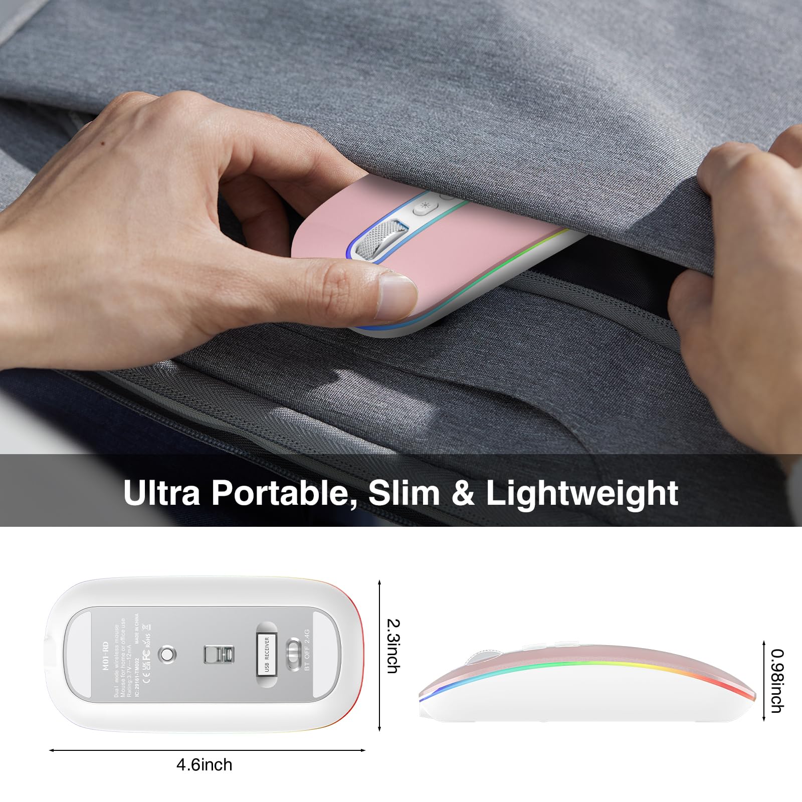 Wireless Bluetooth Mouse - Ergonomic Rechargeable Computer Mouse with Ultra Slim LED Design, Quiet Click for Office & Home Use - Perfect for Work, Gaming, or Gift (Girlfriend/Mom) - Compatible with Keyboard & Mouse Pads