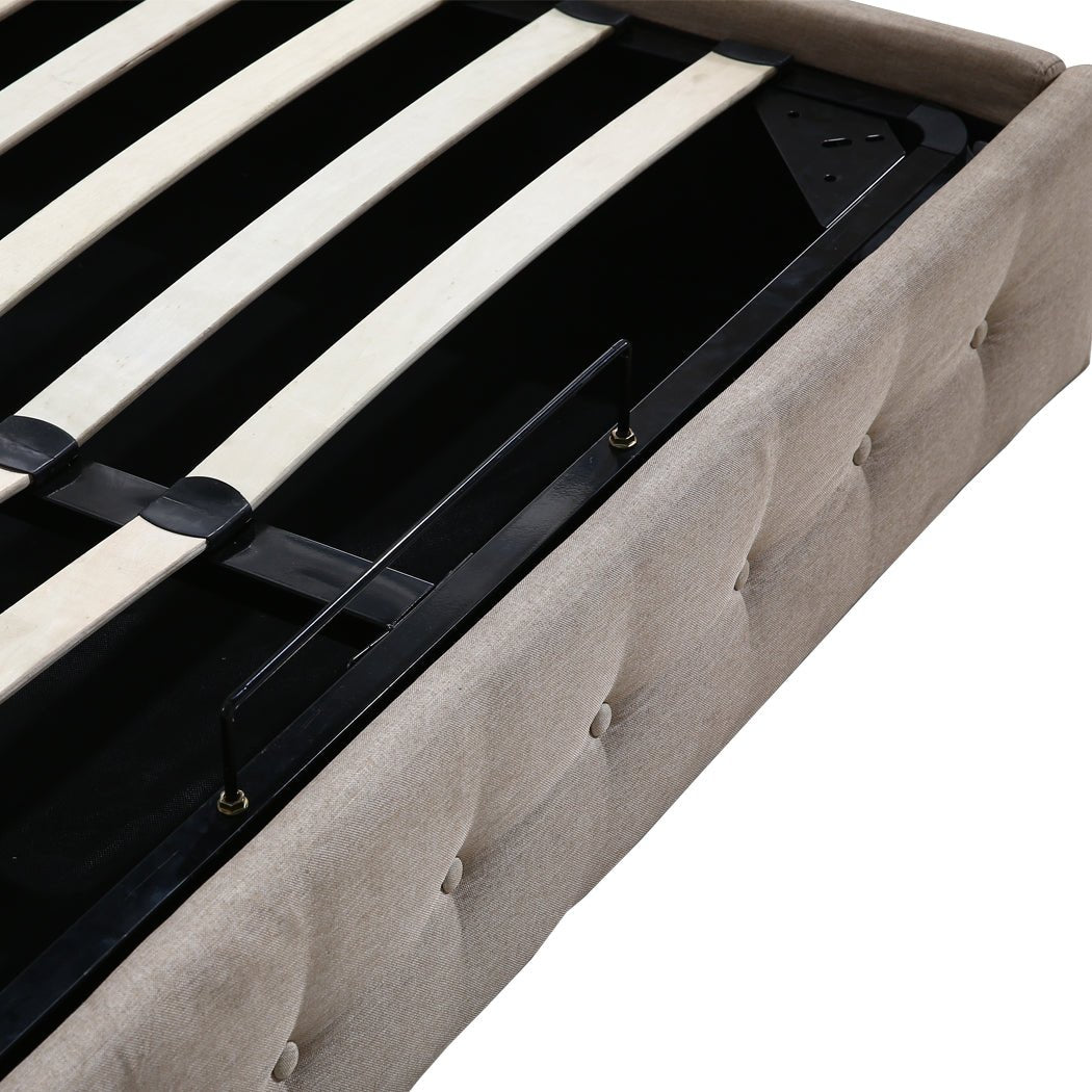 Queen Size Gas Lift Storage Bed Frame with Hydraulic Mechanism - Beige Upholstered Platform Bed for Spacious Bedroom Organization