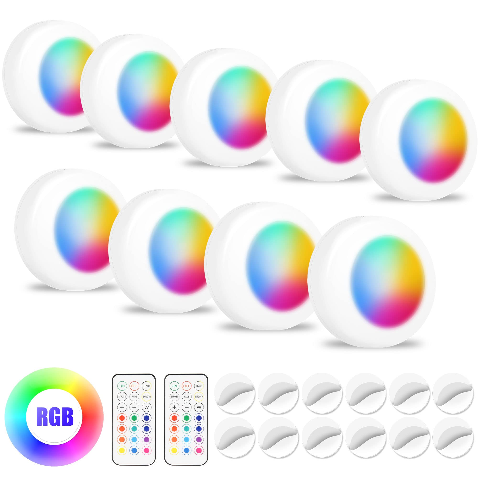 9Pcs Color Changing LED Puck Lights with Remote - Dimmable Wireless Closet Lights for Wall, Bedroom, Kitchen Decor | Battery Operated with 5 Modes & 2 Remotes | Perfect for Accent Lighting, Under Cabinet Illumination, and Holiday Pumpkin Decorations