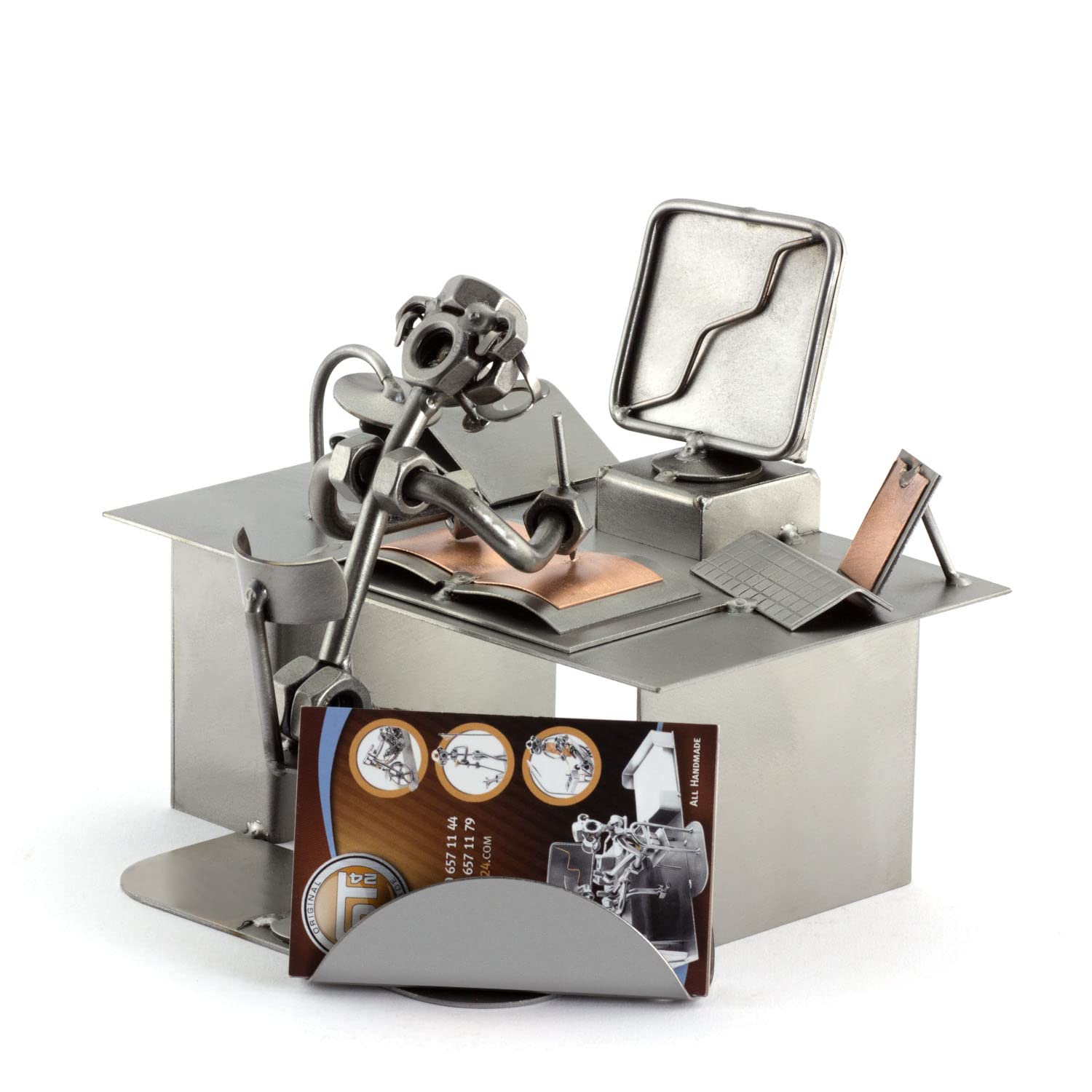 Handmade Metal Nuts & Bolts Computer Sculpture - Personalized Engraving & Business Card Holder | German Crafted Office Desk Decor for Tech Enthusiasts & Professionals