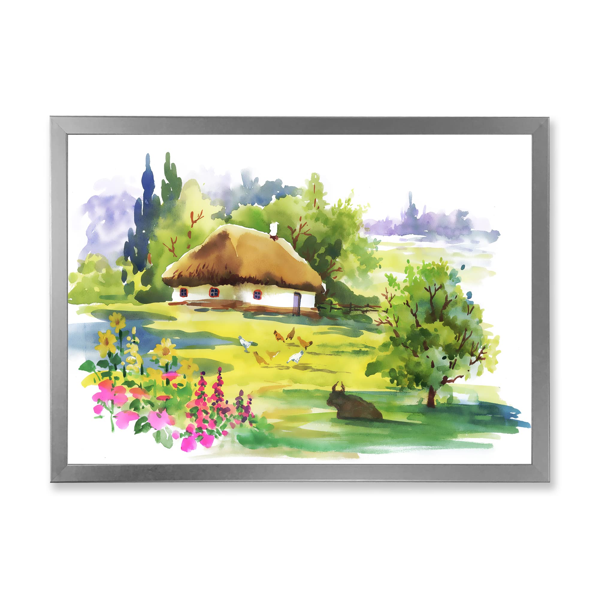 DesignQ Rustic Countryside House in Blooming Greenlands - Traditional Framed Wall Art for Living Room, Bedroom & Office Decor