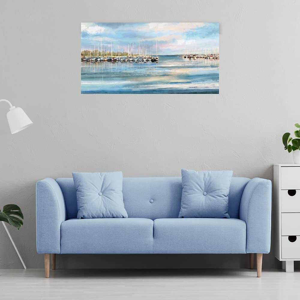 Blue Harbor Fine Art Canvas Wall Decor - Hand Painted Ocean Seascape Painting for Living Room, Bedroom, Office - Ready to Hang 40x21 Inches - Perfect for Coastal & Nautical Home Decor