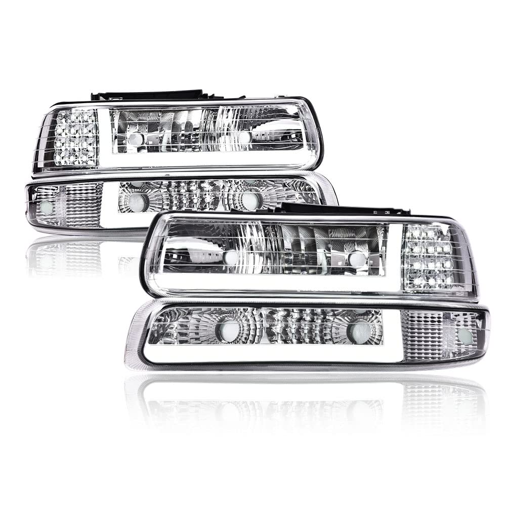 High-Performance LED Headlight Assembly for 1999-2002 Chevy Silverado & 2000-2006 Suburban/Tahoe - Clear Lens, Chrome Housing, Clear Reflector - Left & Right Pair - Perfect for Night Driving & Off-Road Adventures