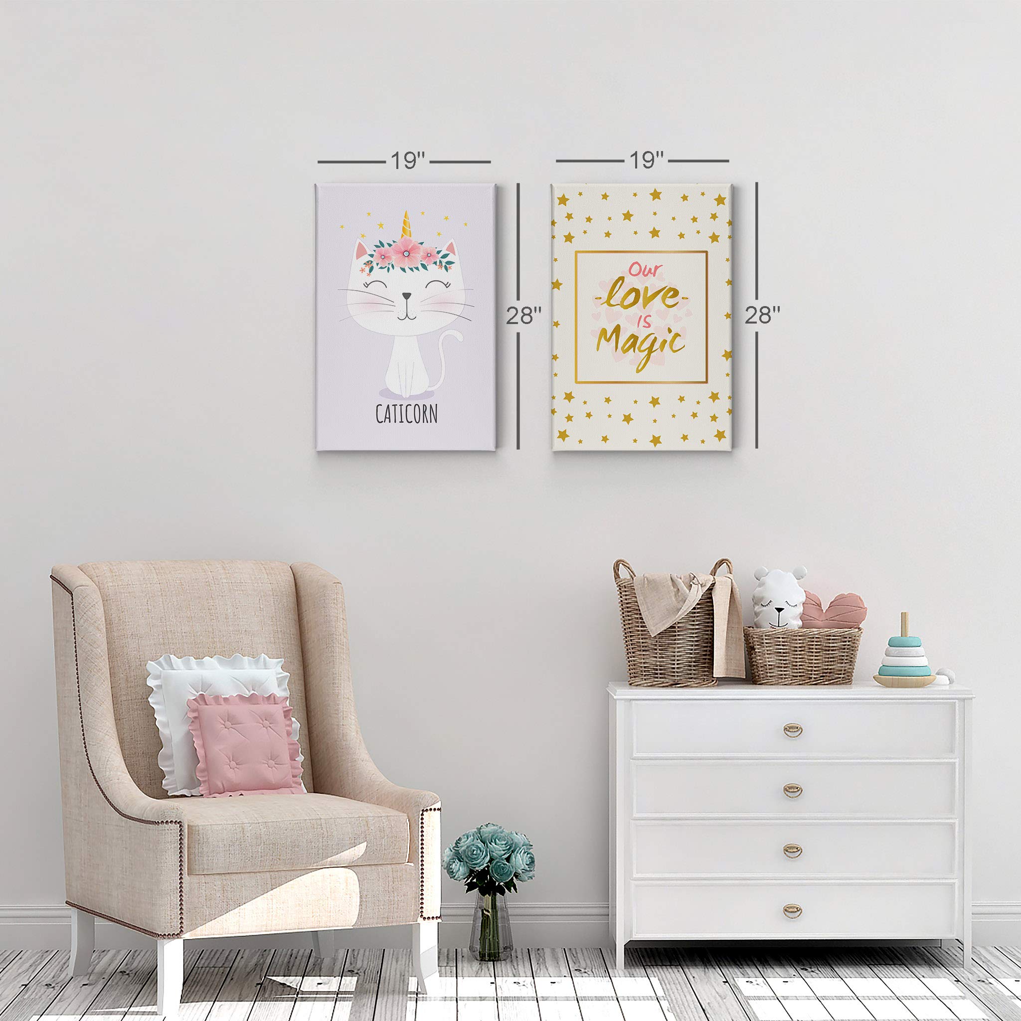 Cute Caticorn Unicorn Canvas Wall Art - 'Our Love is Magic' Quote 2-Panel Print Set (36x24 inches) for Kids Room, Nursery & Baby Room Decor | Ready to Hang | Made in USA | Perfect for Birthday Gifts & Playroom Wall Decor