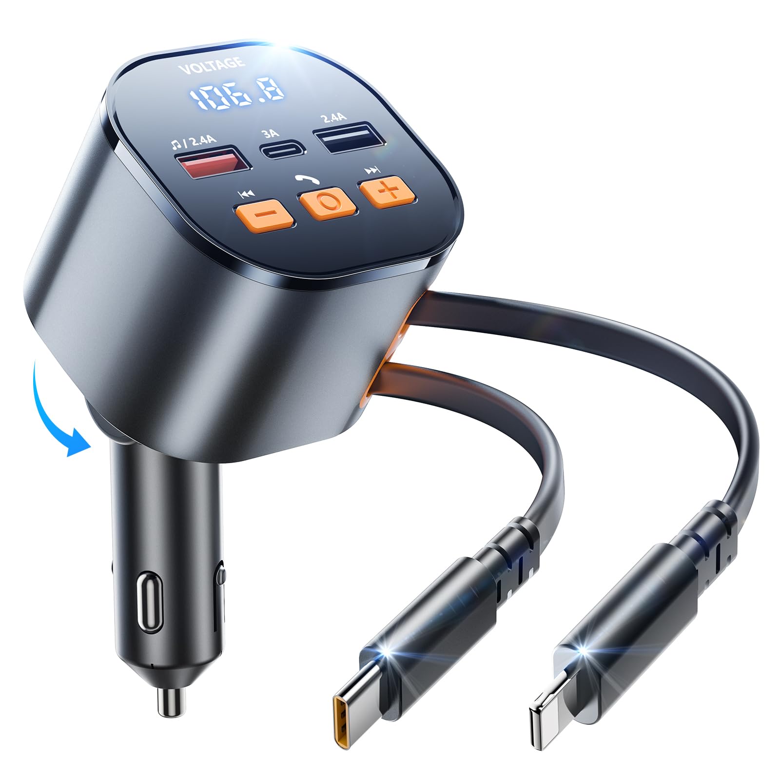 SUPERONE Bluetooth 5.3 Car Adapter with Retractable PD 30W Fast Charger | FM Transmitter & Receiver | Hands-Free Calling & MP3 Music Player | LED Display | USB Port - Perfect for Road Trips & Commuting