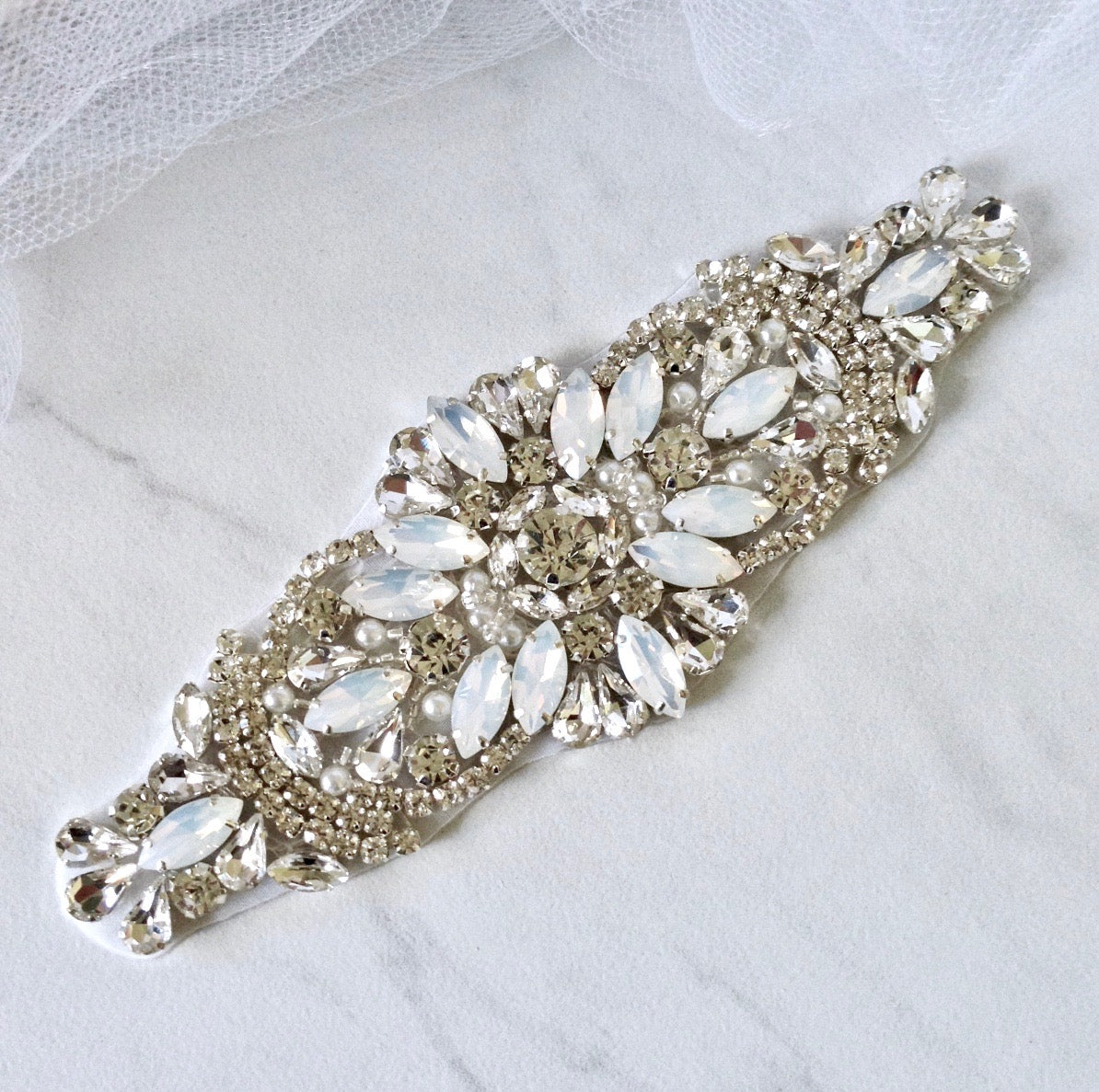 Tamryn Swarovski Opal & Pearl Wedding Belt - Elegant Bridal Sash for Bridesmaids, Flower Girls & Formal Occasions