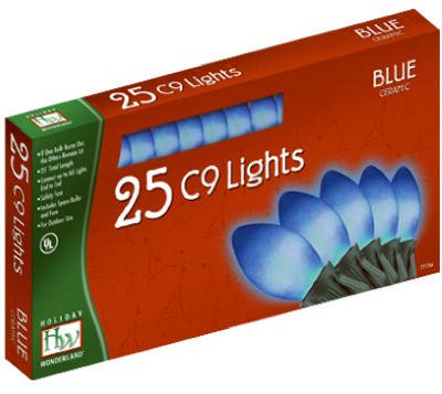 Blue Ceramic C9 Christmas Lights Set - 25 Count Outdoor String Lights for Holiday Decorations, Trees, and Roof