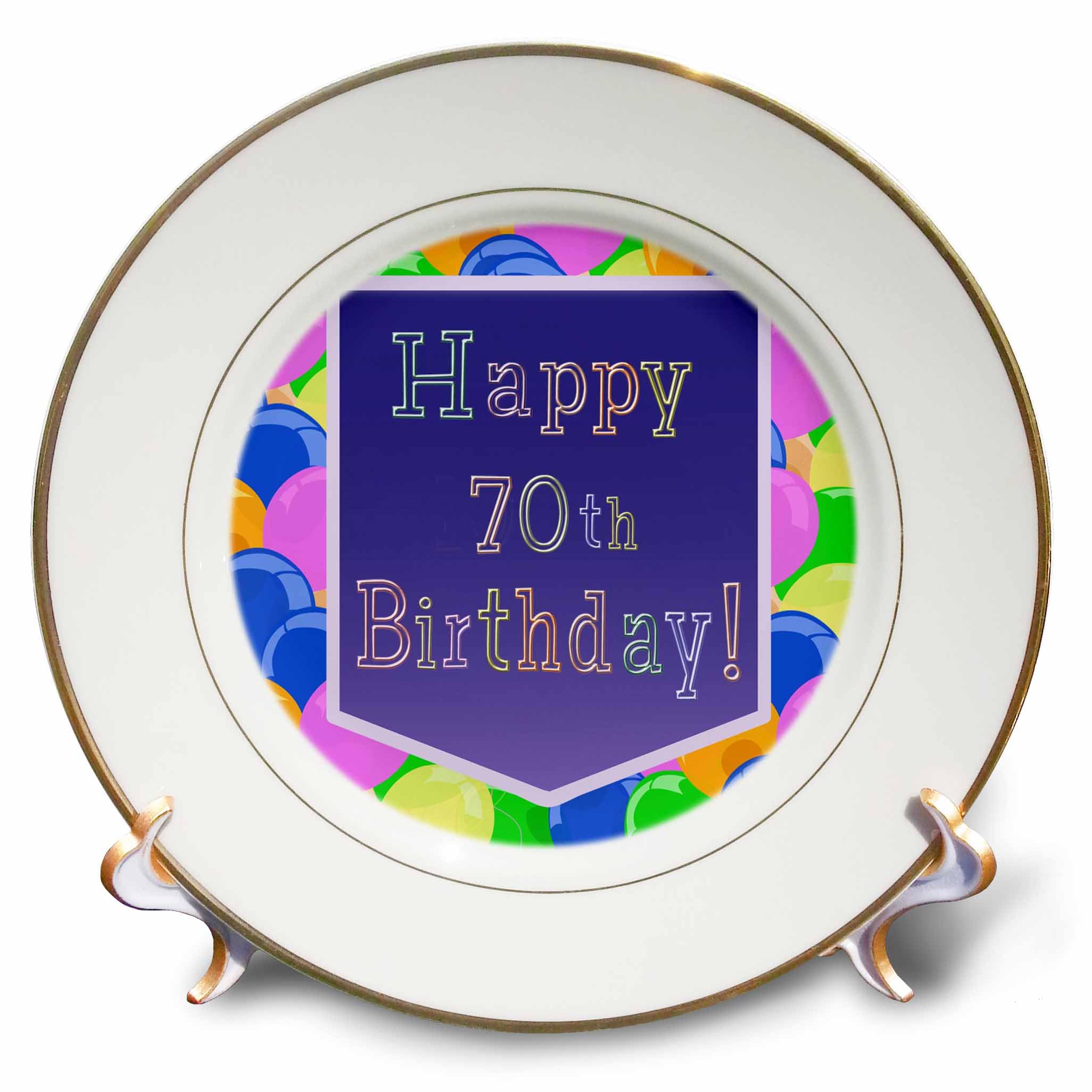 3dRose 8-inch Happy 70th Birthday Porcelain Plate with Purple Balloons & Banner - Perfect for Milestone Celebrations, Retirement Parties & Anniversary Gifts