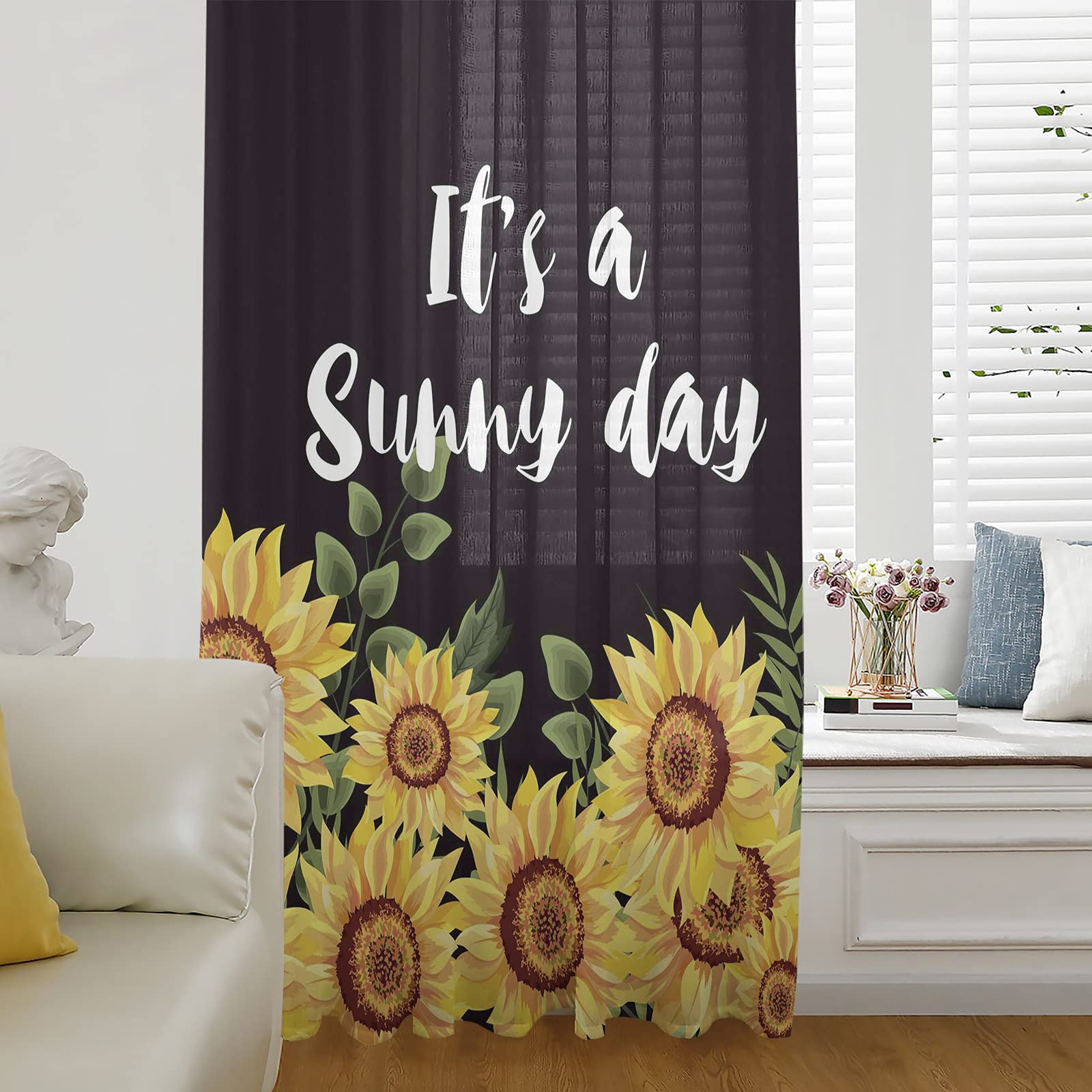 Sunflower Field Semi-Sheer Chiffon Window Curtains 72 Inches Long - Rod Pocket Voile Drapes for Living Room, Bedroom & Kitchen | Summer Sunshine Decor & Light Filtering Window Treatments