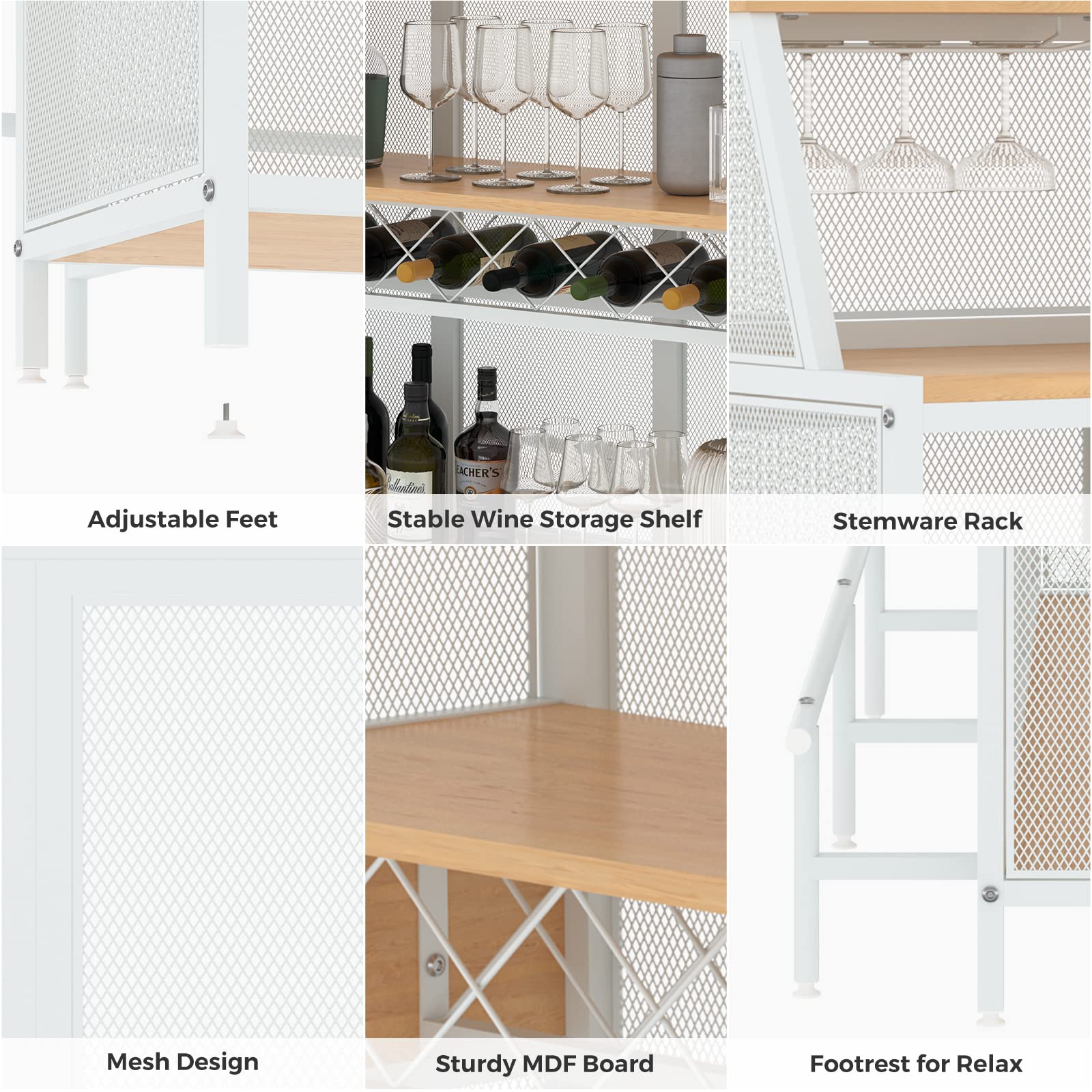 Industrial 4-Tier Home Bar Cabinet with Footrest & Wine Rack - Metal Liquor Storage Shelf for Kitchen, Pub or Living Room - White KFO Buffet Cabinet for Entertaining Guests