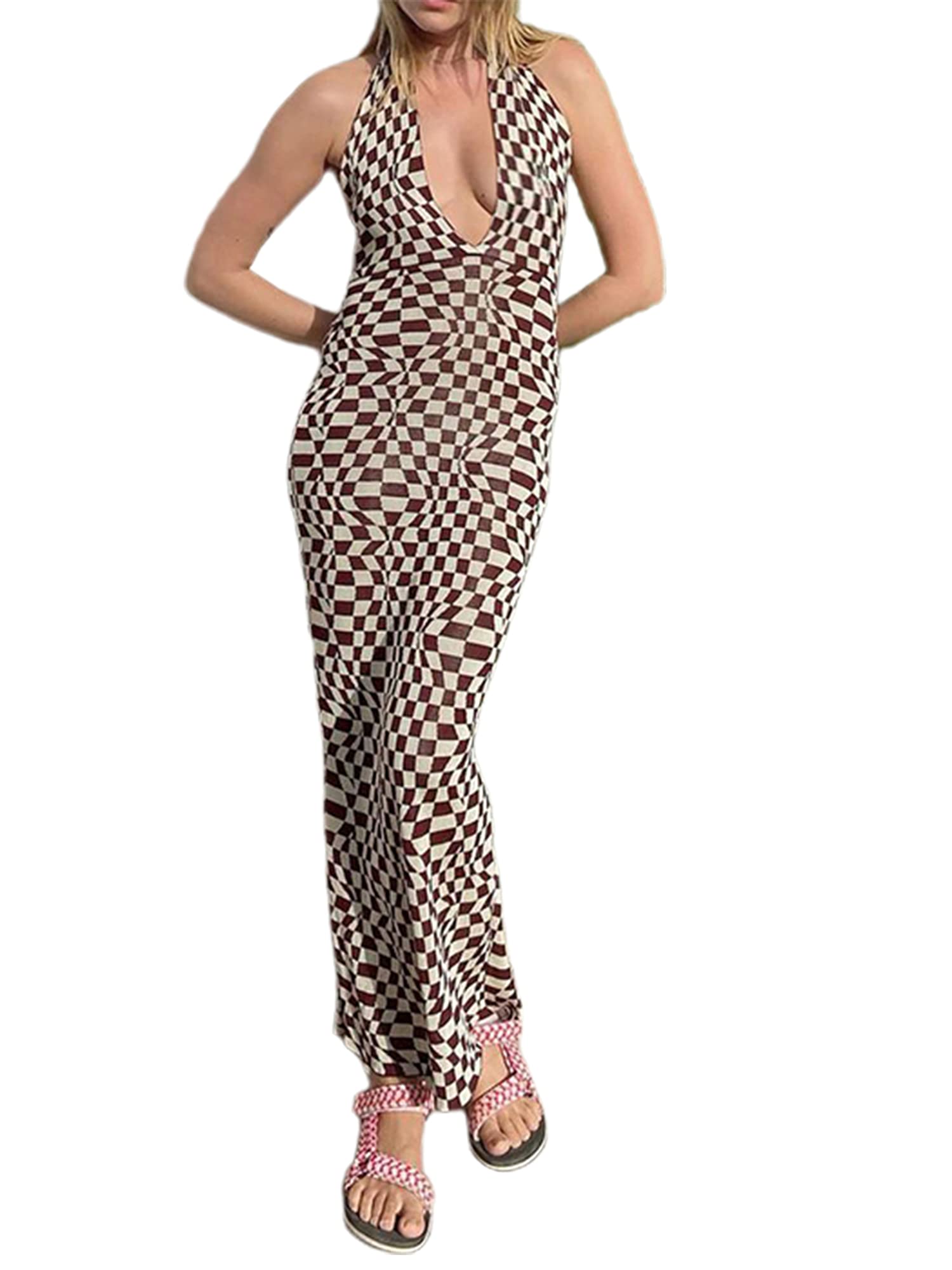 Sunloudy Women's Sexy Bodycon Knit Halter Neck Sleeveless Midi Dress - Summer Tie Dye Clubwear for Night Out & Beach Party