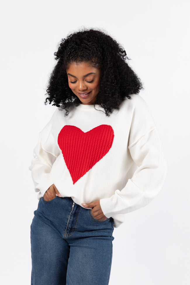 Heart Cable Knit Sweater in Ivory & Red - Cozy Winter Pullover for Women | Perfect for Christmas, Valentine's Day & Casual Outfits