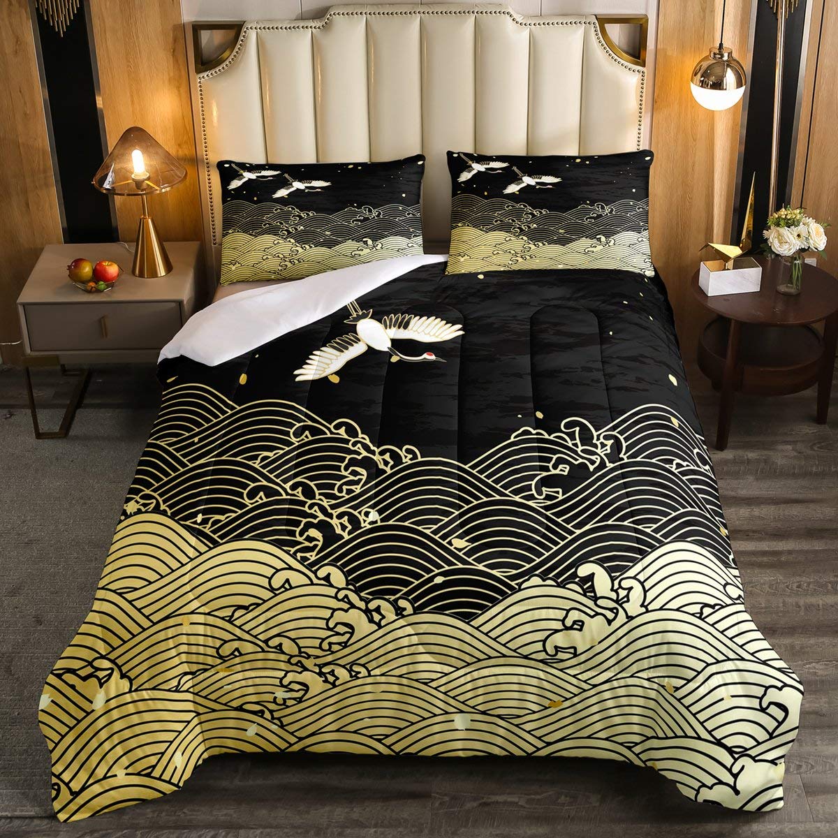 Erosebridal Golden Sea Waves Print Queen Size Bedding Set - Japanese Style Traditional Culture Down Comforter with Crane Quilted Duvet Cover & 2 Pillowcases | Coastal Themed Bedroom Decor for Master Bedroom or Guest Room