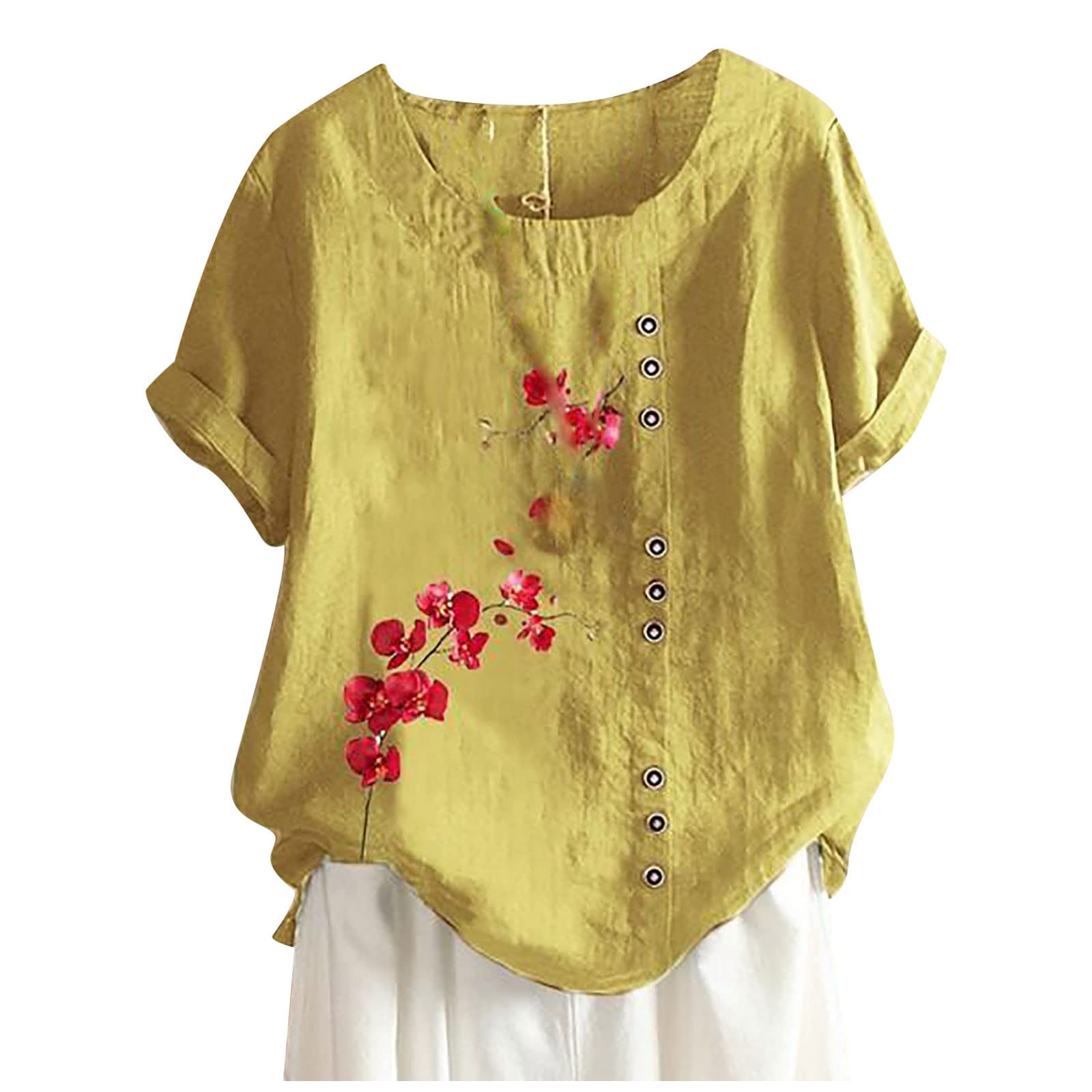 FQZWONG Women's Fashion Boho Blouse 2022 - Casual Short Sleeve Crew Neck Button Down Loose Fit T-Shirt for Summer | Perfect for Beach Outings, Date Nights & Casual Wear