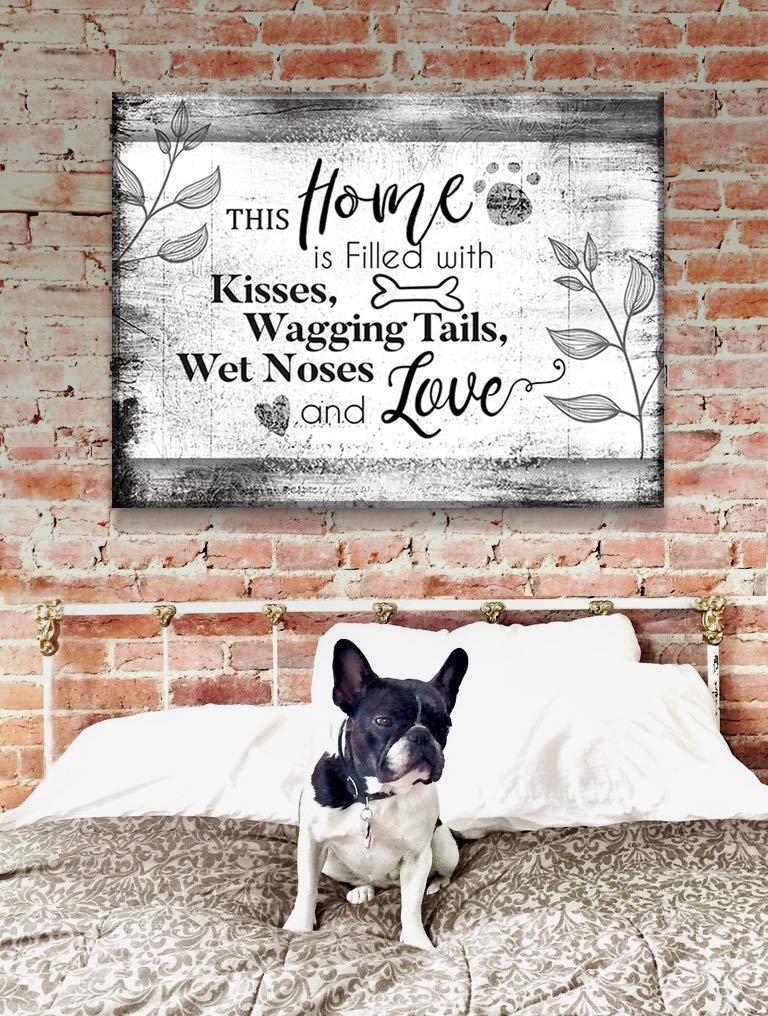 Rustic Dog Wall Decor Sign - 'This Home Is Filled With Kisses' 30x40 Inch Grey Wooden Plaque for Couples Bedroom, Above Bed Decor & Farmhouse Home Decoration | Perfect Gift for Dog Lovers & Wedding Anniversary Present