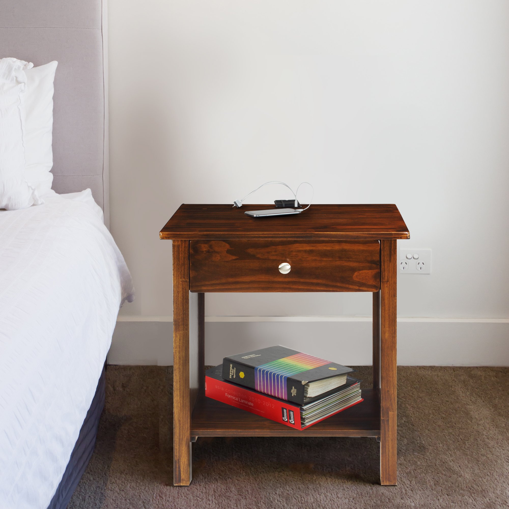 Casual Home Vanderbilt Nightstand with USB Port - Warm Brown Wood Bedside Table for Bedroom, Living Room & Office - Nightstand with Charging Station & Storage Drawer