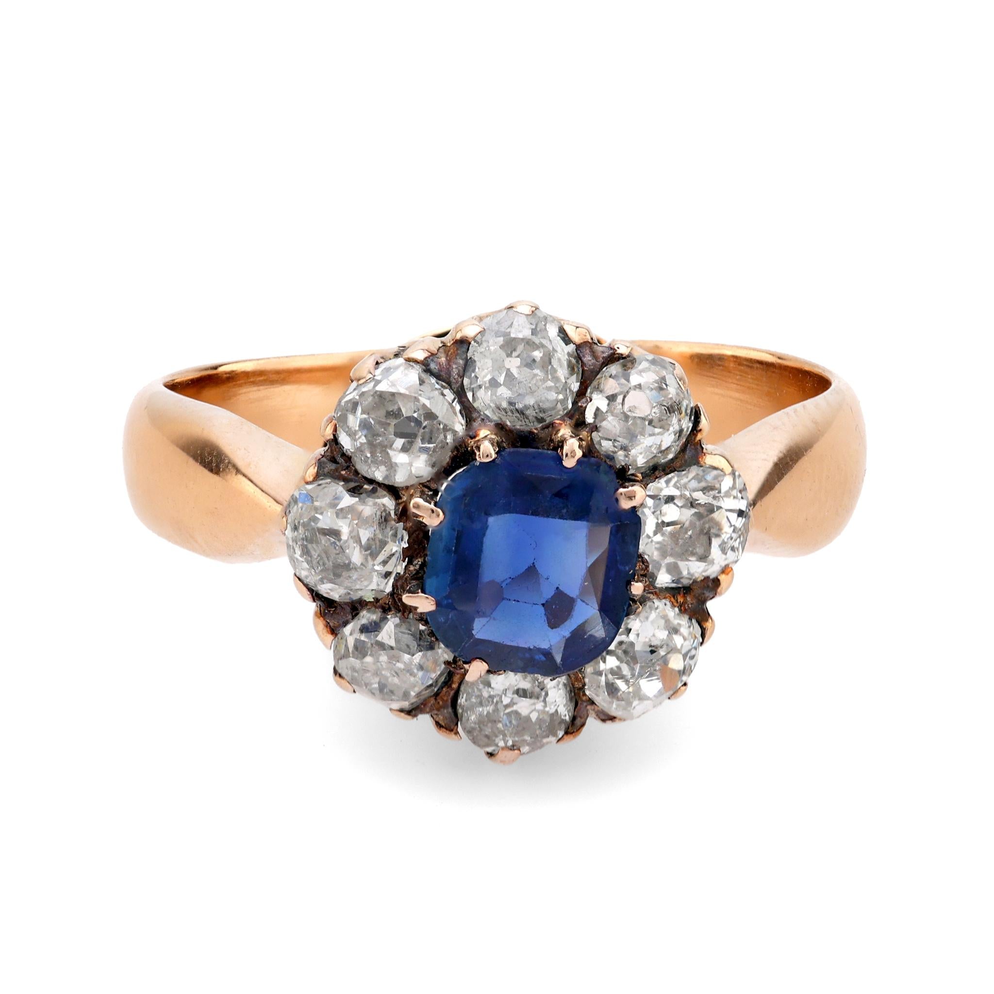 Antique Sapphire and Diamond 18K Rose Gold Cluster Ring for Women | Vintage Inspired Jewelry | Perfect for Engagement, Anniversary & Special Occasion Gifts