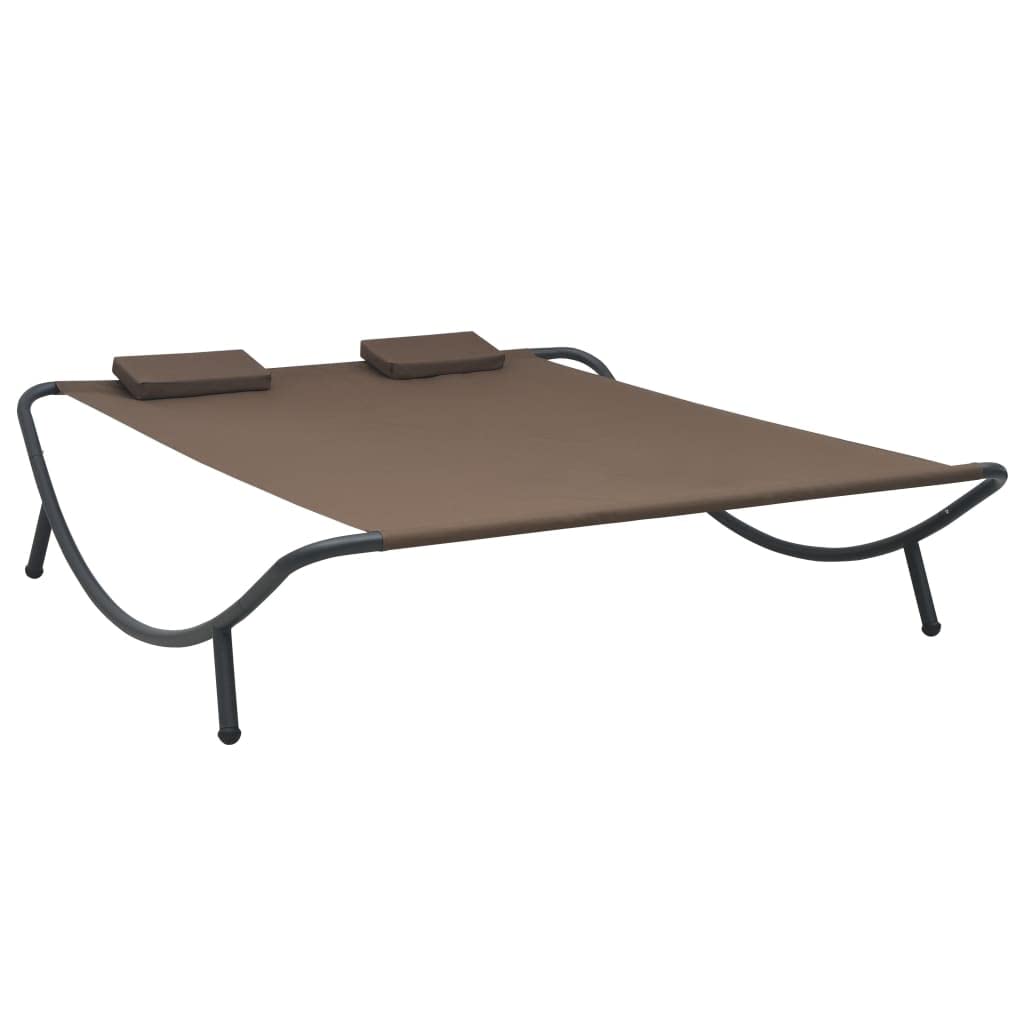Outdoor Patio Lounge Bed with 2 Washable Pillow Covers - Tanning Chair for Poolside, Garden, Balcony - Comfortable Brown Fabric Sunbathing Bed for Relaxation