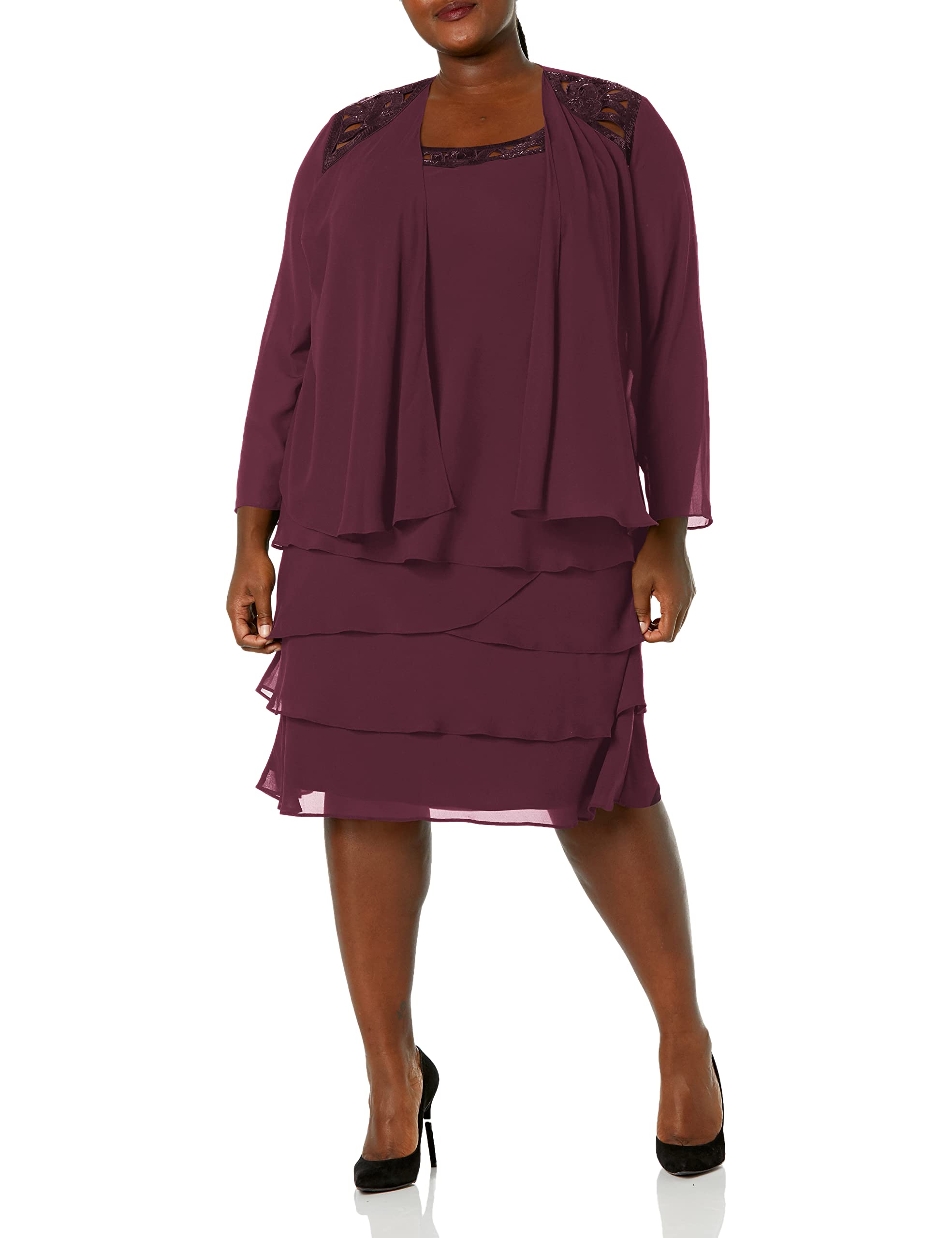 Women's Plus Size Embellished Shoulder Chiffon Tiered Jacket - Elegant Mother of The Bride Dress for Weddings, Parties & Special Occasions | S.L. Fashions