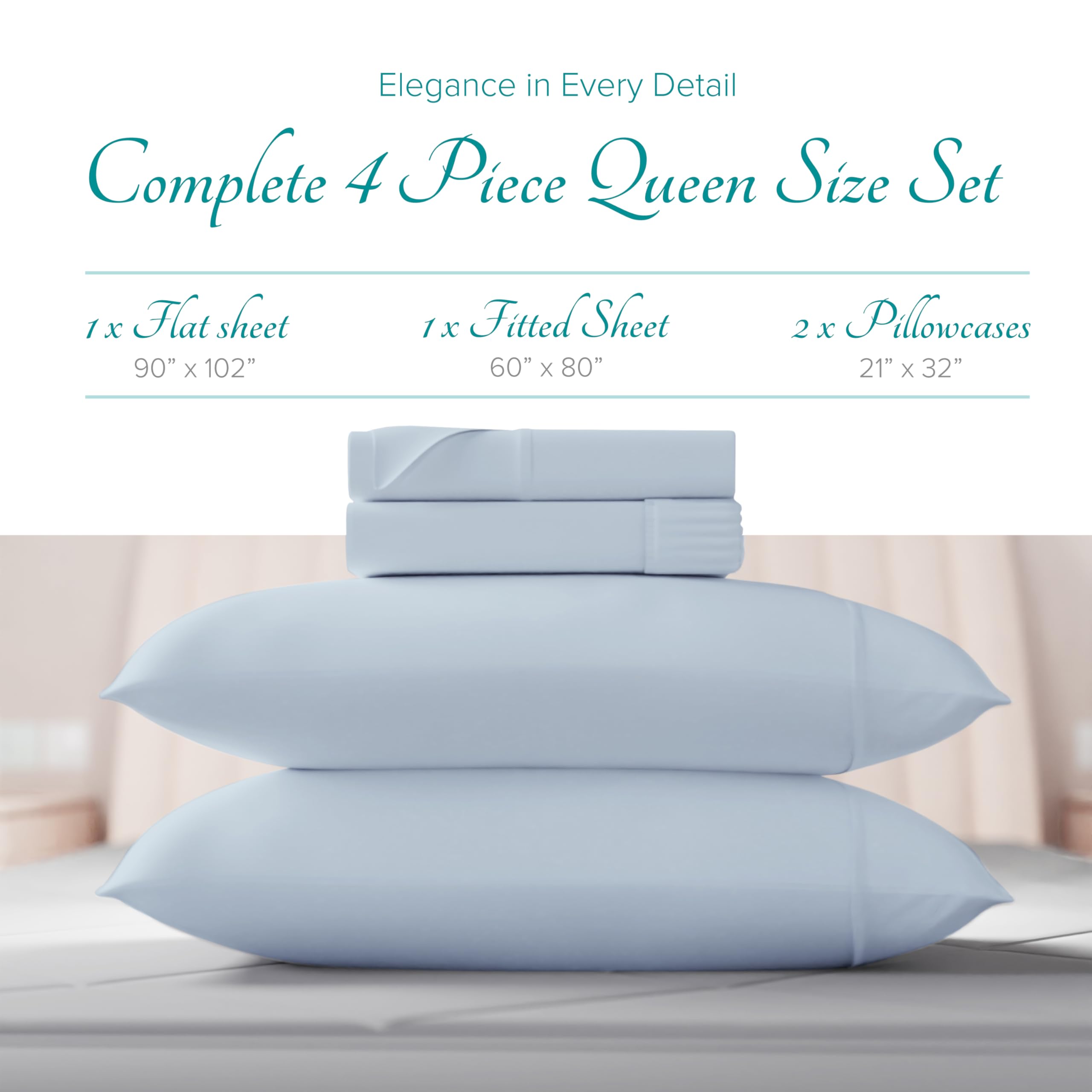 Luxury 100% Egyptian Cotton Queen Sheet Set - 4 PC 800 Thread Count Sateen Weave Bedding, Soft & Cooling Light Blue Sheets with 16