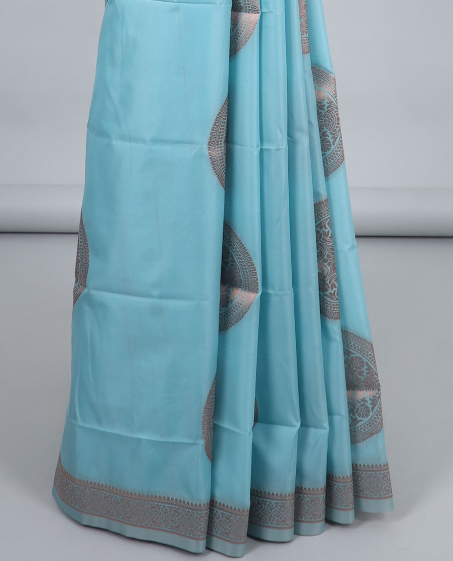 Blue Butter Silk Saree with Chakram Zari Buttas, Zari Border & Traditional Self Pallu - Elegant Indian Ethnic Wear for Weddings, Festivals & Special Occasions