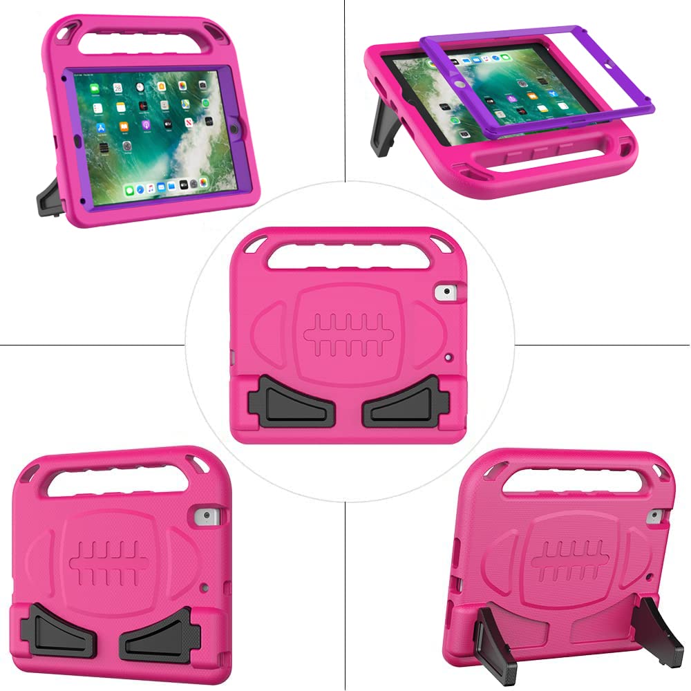 BMOUO Shockproof Kids iPad Case for iPad 9.7 (6th/5th Gen), iPad Air 2/1, iPad 2018/2017 - Built-in Screen Protector with Convertible Stand Handle | Perfect for School, Travel & Home Use - Purple Rose