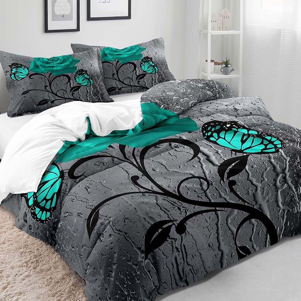VIVIHOME 3-Piece Teal Rose Queen Duvet Cover Set with Grey Floral Butterfly Design - Modern Turquoise Bedding for Women's Bedroom Decor (Includes 2 Pillowcases) - Perfect for Master Bedroom, Guest Room & Cozy Home Decor