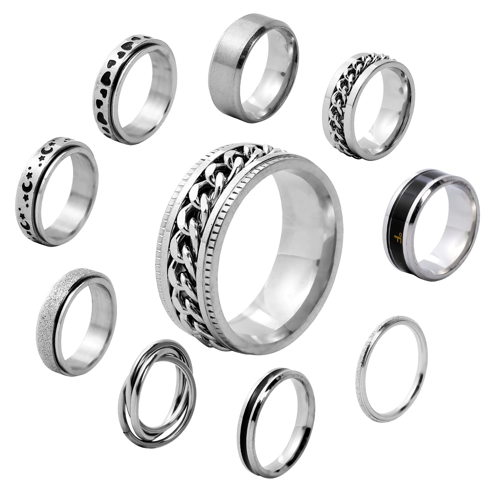10Pcs Stainless Steel Spinner Rings for Women & Men - Anxiety Relief Rings, Stress Relief Spinning Rings, Wedding Promise Rings (Sizes 6-11) - Perfect for Daily Wear, Meditation, and Gift Giving