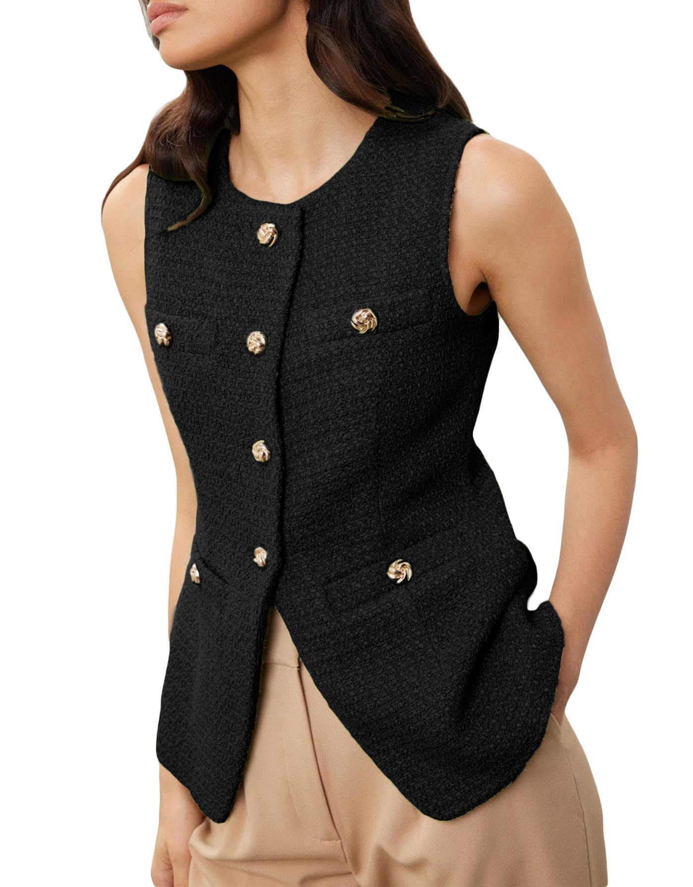 Women's Tweed Blazer Vest - Sleeveless Button Front Jacket for Work & Office | Casual Chic Outerwear for Business, Date Night & Fall Layering