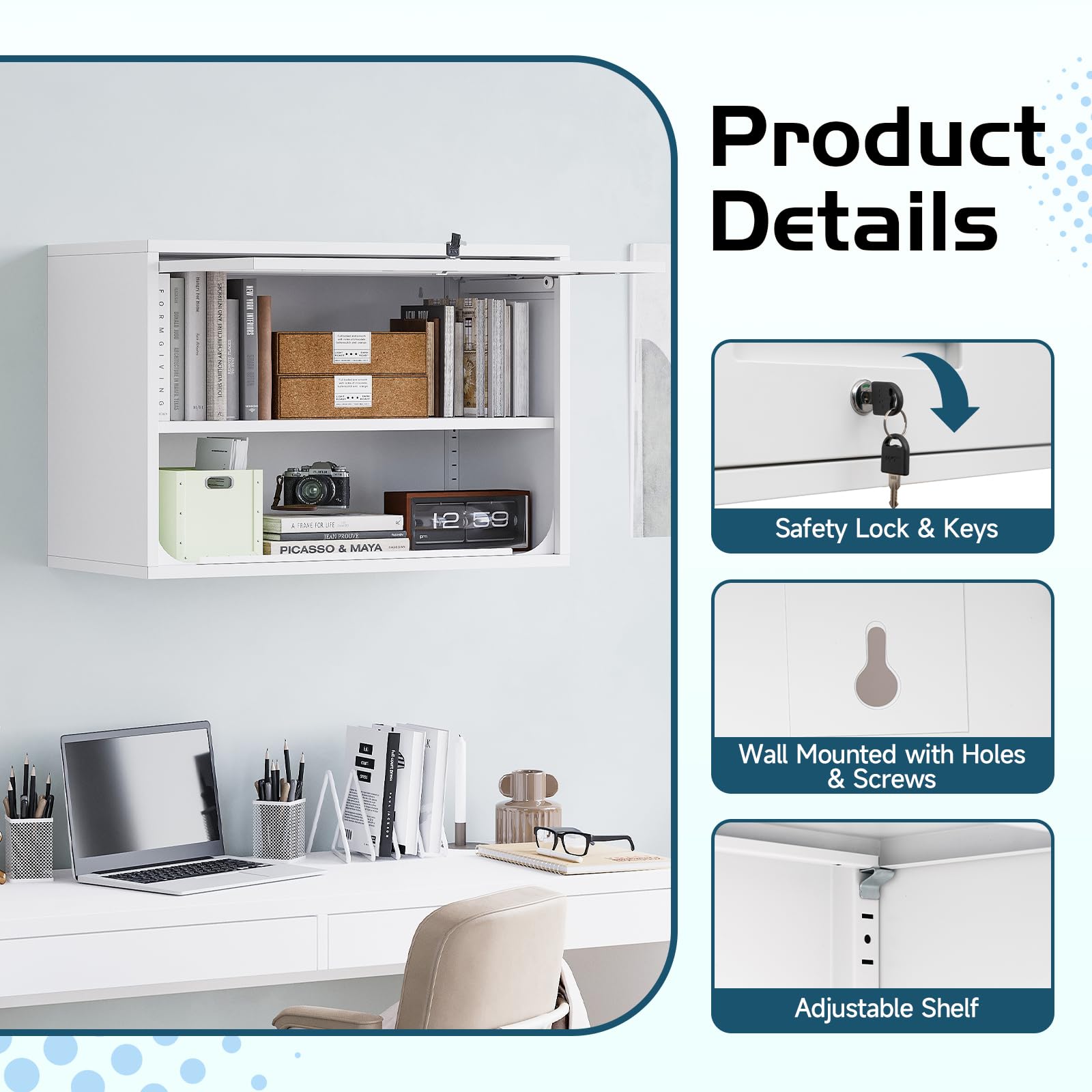 MIIIKO Wall Mounted Storage Cabinet with Door & Shelf - White Metal Locking Floating Cabinet for Garage, Home Office, Kitchen, Pantry & Bathroom Organization | Space-Saving Home & Office Storage Solution