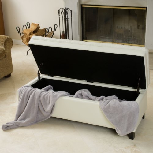 Christopher Knight Home Hastings Tufted Leather Storage Ottoman in Ivory - Versatile Footrest, Coffee Table & Hidden Storage for Living Room, Bedroom & Office