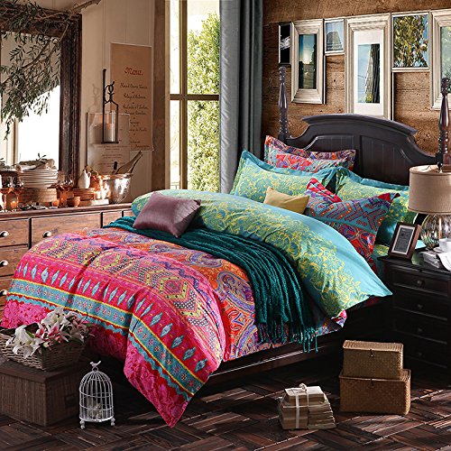 4-Piece Bohemian Ethnic Queen Size Bedding Set - Brushed Cotton Boho Duvet Cover with Flat Sheet, Ultra Soft Comforter Cover Set (No Comforter Included) - Perfect for Cozy Bedrooms, Guest Rooms & Bohemian Home Decor